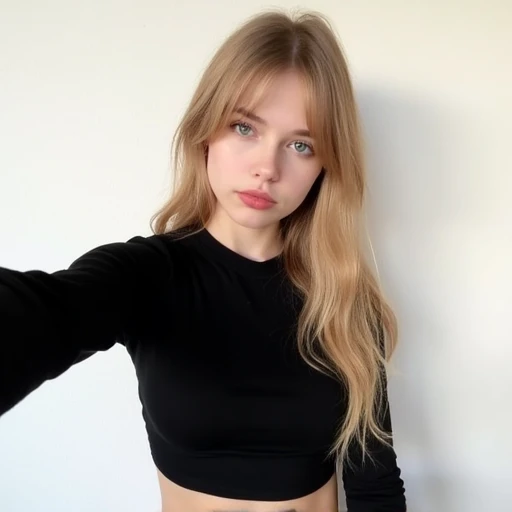 RSGRL. This photograph features a young russian woman with a fair complexion and long, wavy blonde hair styled with bangs. She has striking blue eyes and a delicate, symmetrical facial structure, with full lips painted in a soft pink shade. She is posing against a plain white wall, leaning slightly to her left, giving a close-up selfie. She is dressed in a tight, black, long-sleeved crop top made of a smooth, matte fabric.