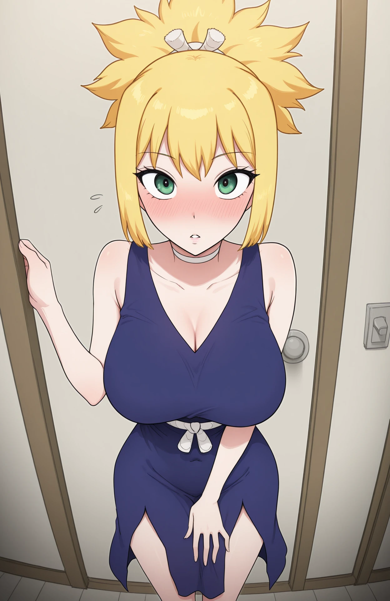Young woman 18 years: 1.3, Short blonde hair: 1.2, Tall: 1.2, Occupation: 1.2, Nighttime: 1.2, Bedroom: 1.2, Film lighting, Sitting Pose, Best quality, 8k, short black dress, strapless black dress, bare shoulders, bare arms, large breasts ((anime strokes)) Korean girl, seductive look, sexy, open mouth and smiling ((medium breasts)) (best quality)