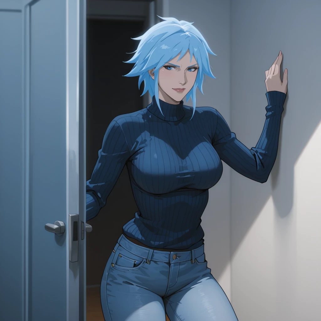 <lora:killerfrost_illustrious_v1:.7> killerfrost, 1girl, blue hair, breasts, short hair,, cowboy shot, sweater, jeans