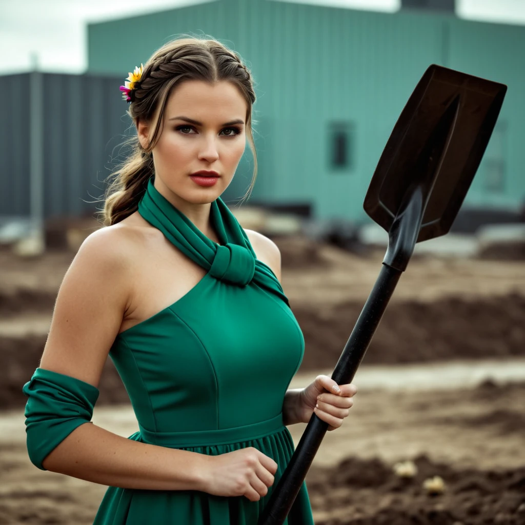 cinematic film still of <lora:Solarpunk style xl v1:0.8>
cinematic Solarpunk style, Anno 2070 a white woman in a green dress holding a shovel, sci fi style, futuristic style, perfect image, perfect body, perfect anatomy, sharp image, detailed image, high quality cinematic photography, dramatic light style, cinematic background, cinematic contrast, cinematic saturation, cinematic film color style, visual artistic composition style, sad expression, cinematic Solarpunk style, solo, long hair, looking at viewer, brown hair, black hair, hair ornament, holding, brown eyes, standing, braid, flower, outdoors, hair flower, blurry, scarf, blurry background, building, shovel, photorealistic, holding shovel, long sleeves, cowboy shot, parted lips, day, lips, single braid, hair over shoulder, open mouth, hammer, yellow scarf
, shallow depth of field, vignette, highly detailed, high budget, bokeh, cinemascope, moody, epic, gorgeous, film grain, grainy