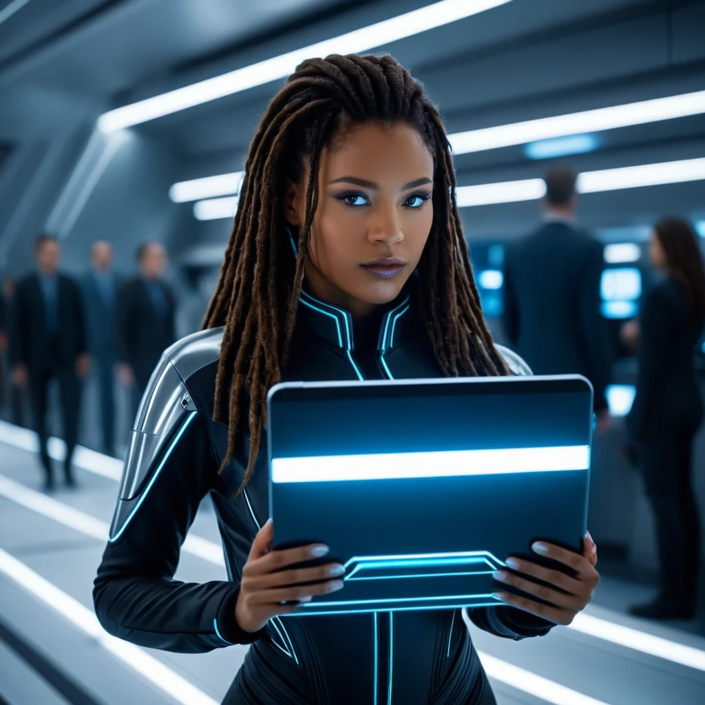 cinematic film still of <lora:Solarpunk style xl v1:0.8>
cinematic Solarpunk style, Anno 2070 a brown skin woman in a futuristic suit holding a laptop, sci fi style, futuristic style, perfect image, perfect body, perfect anatomy, sharp image, detailed image, high quality cinematic photography, dramatic light style, cinematic background, cinematic contrast, cinematic saturation, cinematic film color style, visual artistic composition style, sad expression, cinematic Solarpunk style, solo, long hair, brown hair, long sleeves, upper body, lips, dreadlocks, holographic interface, hologram, bracelet, glowing, holographic monitor, nose
, shallow depth of field, vignette, highly detailed, high budget, bokeh, cinemascope, moody, epic, gorgeous, film grain, grainy