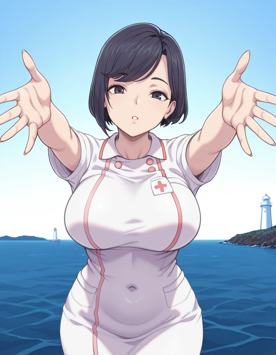 masterpiece, best quality, amazing quality,, <lora:papuka-yoko-manga-illustriousxl-lora-nochekaiser:1>, yoko, short hair, black hair, swept bangs, black eyes, mature female, breasts,, dress, short sleeves, covered navel, nurse,, on back, arm support, arms up, incoming hug, pov, reaching, reaching towards viewer,, lighthouse, light, sea, tall, guidance, cowboy shot, solo, looking at viewer