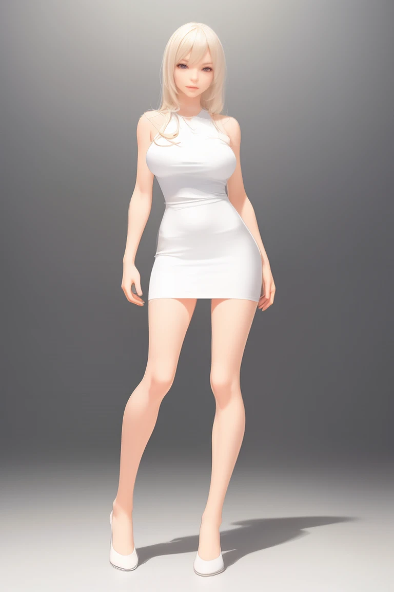 Character design of a beautiful feminine woman, blonde hair, 21 years old, simple feminine woman, pixar style, top view, full body, front view, T-pose, entire body, perfect figure, big breasts