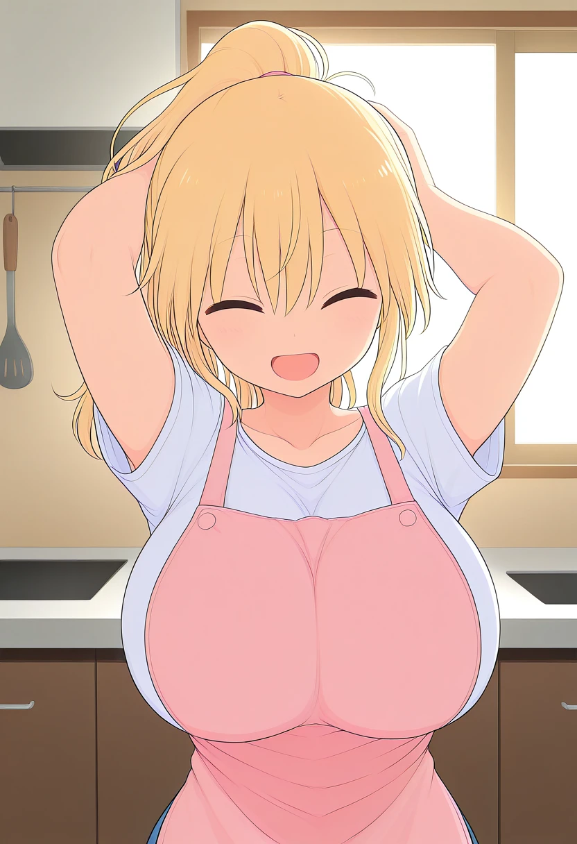 1girl, solo, upper body, apron, ponytail, hands in hair, eyes closed, open mouth smile, white t-shirt, kitchen, intricate details, dramatic lighting, morning, masterpiece, best quality, absurdres