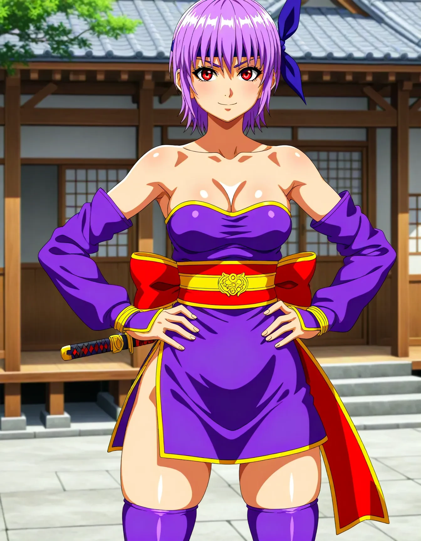 <lora:dmd2_sdxl_4step:1>,1girl,official style,masterpiece,best quality,newest,very aesthetic,highly detailed,high resolution,absurdres,highres,depth of field,super detailed skin,very awa,Anime,anime coloring,anime screencap,<lora:ayane_V1:1>,strapless dress,obi,bare shoulders,purple detached sleeves,purple thighhighs,japanese clothes,purple dress,red back bow,ayane \(doa\),japanese garden,smile,posing,front view,hands_on_hips,on back,