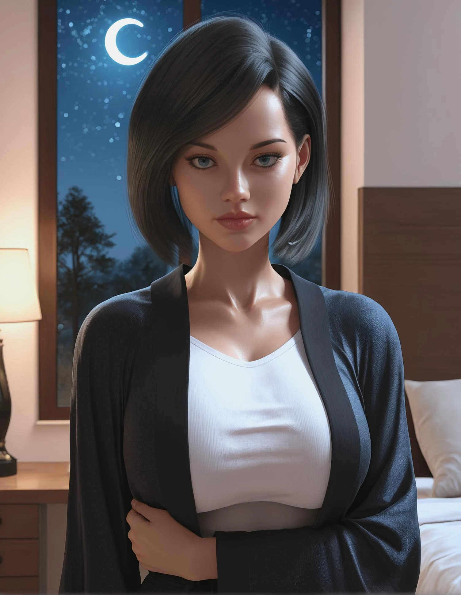 masterpiece, best quality, highres, absurdres, joycemp, mature female, solo, short hair, black hair, upper body, straight-on, loking at viewer, closed mouth, black robe, open robe, white shirt, taut shirt, long sleeves, indoors, bedroom, bed, nightstand, window, night, night sky, starry sky, moonlight, crescent moon, tree