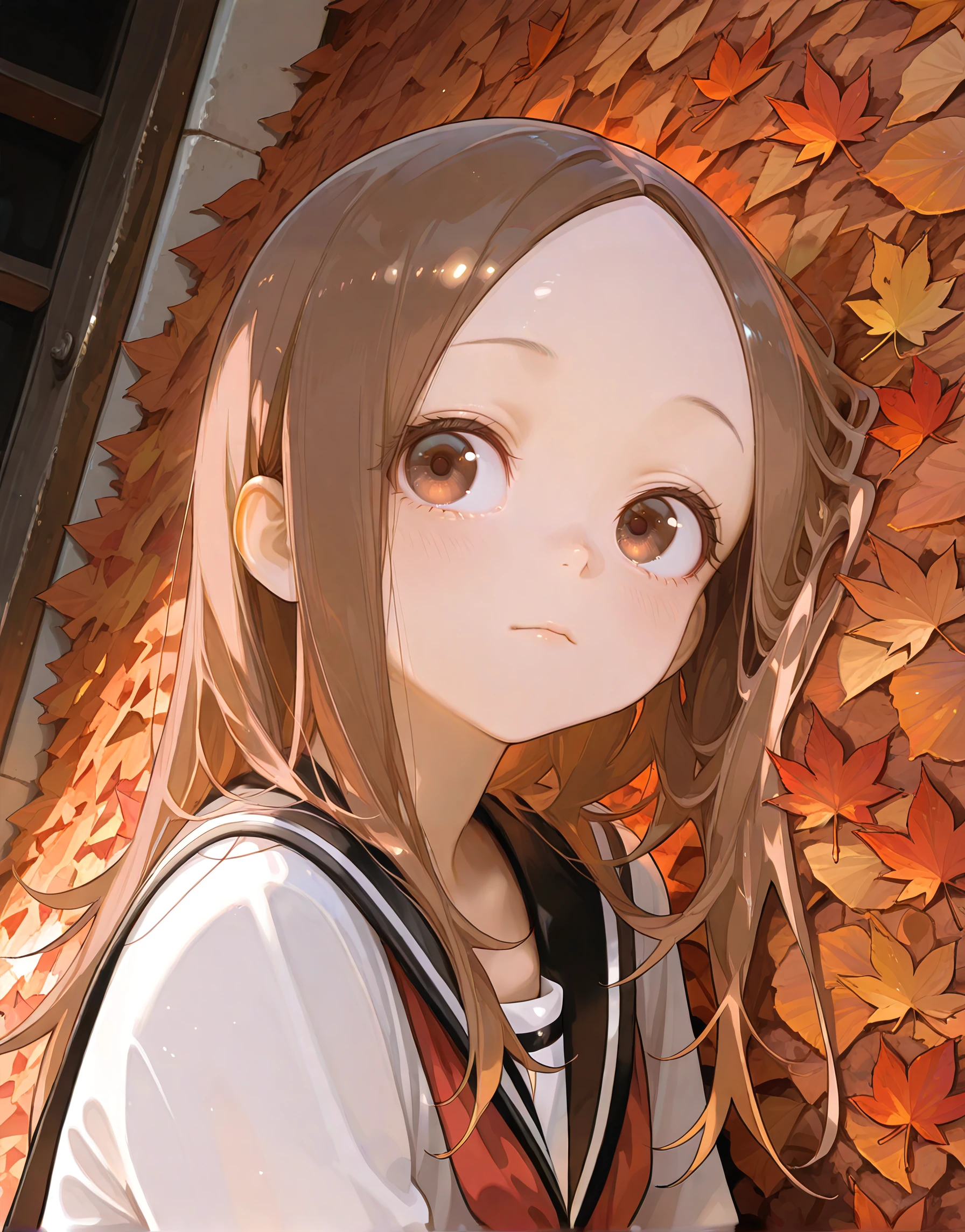 masterpiece, best quality, good quality, newest, highres, absurdres,
BREAK
detail background, very awa, absolutely eye-catching, illustration, CG,
BREAK
perfect composition, eye reflection, eyelashes, 
BREAK
1girl, pretty girl, cute,
looking at viewer,
takagi, Karakai Jouzu no Takagi-san, autumn, falling leaves, looking away, deep in thoughts, closed mouth, head to the side, photo background, realistic background,
masterpiece, best quality, amazing quality,