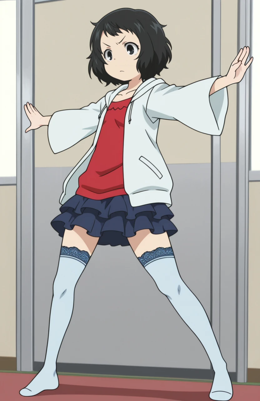 (tareme:1.0), (white background:1.0), (best quality:1.0), (masterpiece:1.0), (super fine illustration:1.0), (beautiful artwork:1.0), (anime screencap:1.0), (official art:1.0), (full body:1.0), (solo:1.0), (ESGA:1.0), (a  cute girl:1.0), (yellow hat:1.0), (red backpack:1.0), (long skirt:1.0), (green tartan skirt:1.0), (pleated skirt:1.0), (aqua blue polo shirt:1.0), (long sleeve polo shirt:1.0), (sneakers:1.0), (white socks:1.0), (ideal ratio body proportions:1.0), (lanky:1.0), (tall:1.0), (slender:1.0), (small breasts:1.0), (smaller face:1.0), (tareme:1.0), (detailed beautiful eyes:1.0), (detailed beautiful face:1.0), (glowing black eyes:1.0), (short hair:1.0), (swept bangs:1.0), (twin braids:1.0), (black hair:1.0), (looking at viewer:1.0)