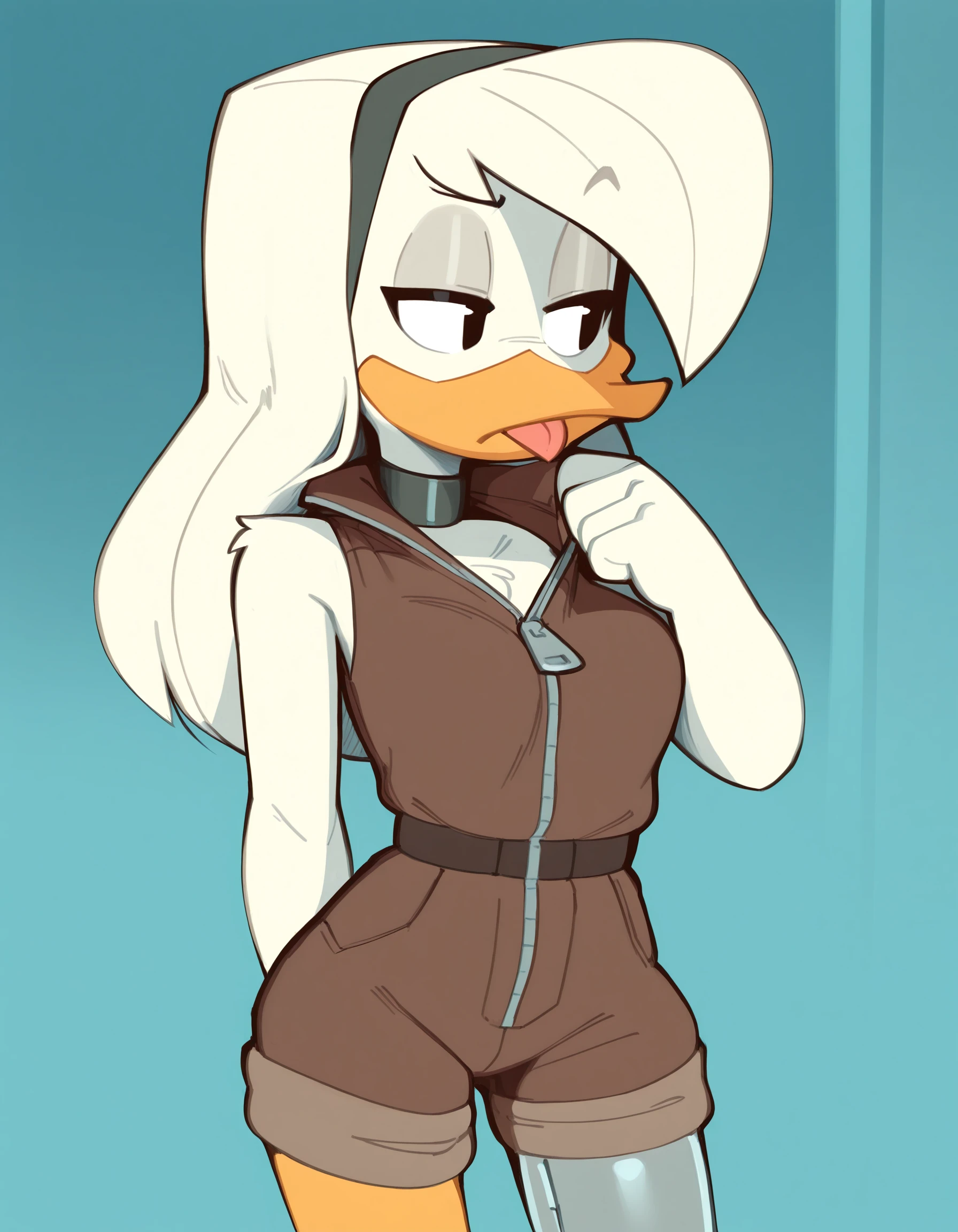 (masterpiece, shaded, indoors, simple background, blue background, shaded) artist:wamudraws, solo, della duck, female, duck, beak, white body, avian, shoulder length hair, brown jumpsuit, sleeveless, narrowed eyes, looking away, tongue out, zipper, hairband, prosthetic leg, breasts, frown, collar tug, black eyes, <lora:Della Duck V3 NOOB:0.7> <lora:Wamudraws_Style_Ill:0.8>