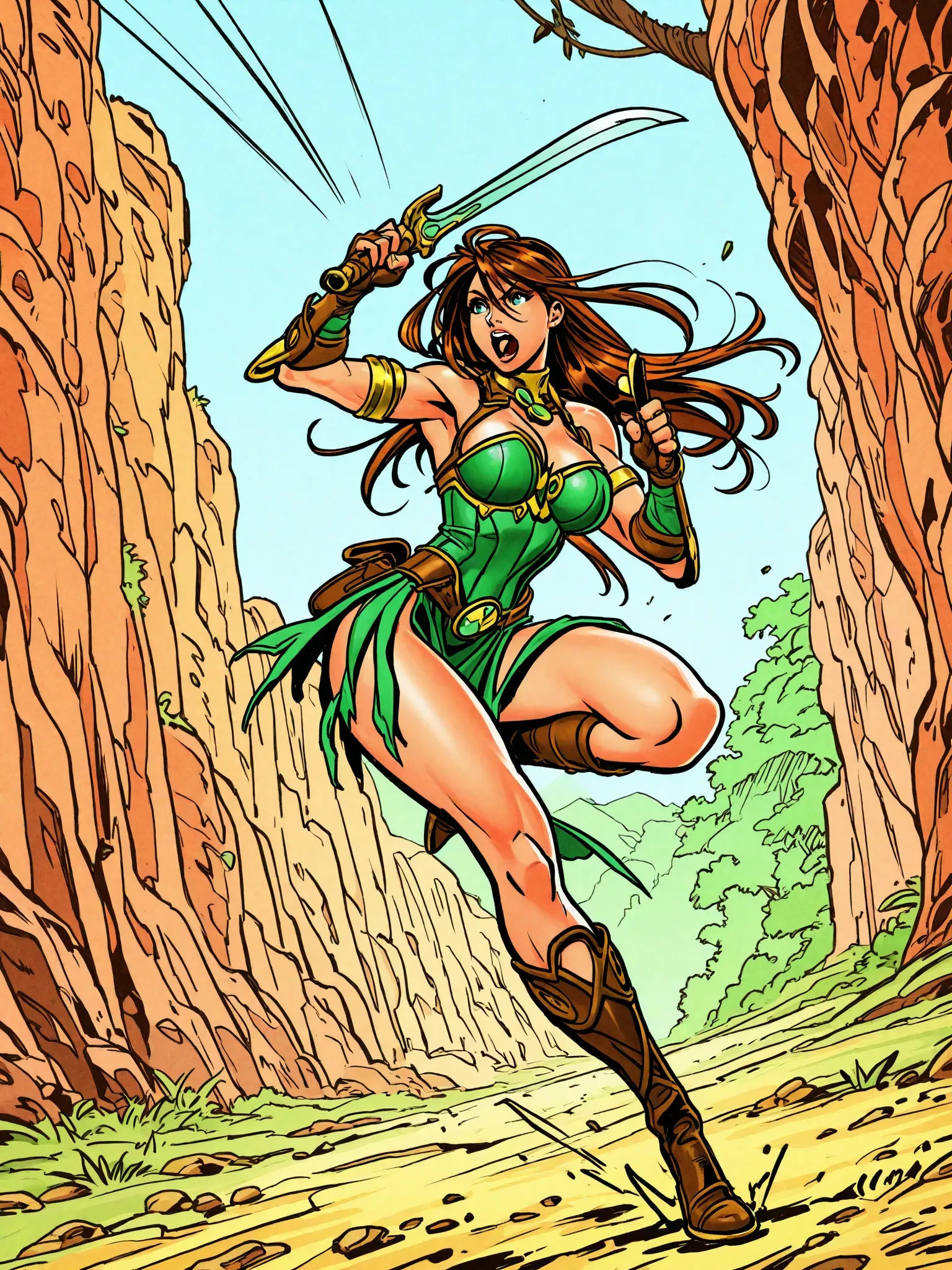 1 female centaur, long curly brown hair, brown eyes, horse ears, thin lips, round face, huge breasts covered with silver chainmail, equine lower body (mare's body) quite robust, wild and warrior female centaur in the forest(sfw)