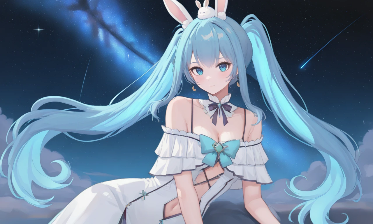 ((masterpiece, best quality, absurdres, highres, newest, very aesthetic, extremely detailed, very awa, year 2024, detailed background, perfect anatomy, surreal)),year 2023,<lora:lora-SEPTYA>,<lora:illustrious_noobai_epsilon_pred_1_masterpieces_v1:0.4>,<lora:UnifiedTheory:0.5>,<lora:Lirusso_Vtuber_1622999:0.8>,liruv1,(24 yo:0.8),24 year old girl,1girl,long hair,bangs,clothing cutout,bare shoulders,navel,twintails,virtual youtuber,blue eyes,frills,earrings,dress,blue bow,white dress,looking at viewer,blue bow,
1girl,masterpiece,on side,night sky,crescent moon,rabbit ears,fluffy,dress,absurdly long hair,milky way,glowing hair,shooting star,upper body,rabbit on head,