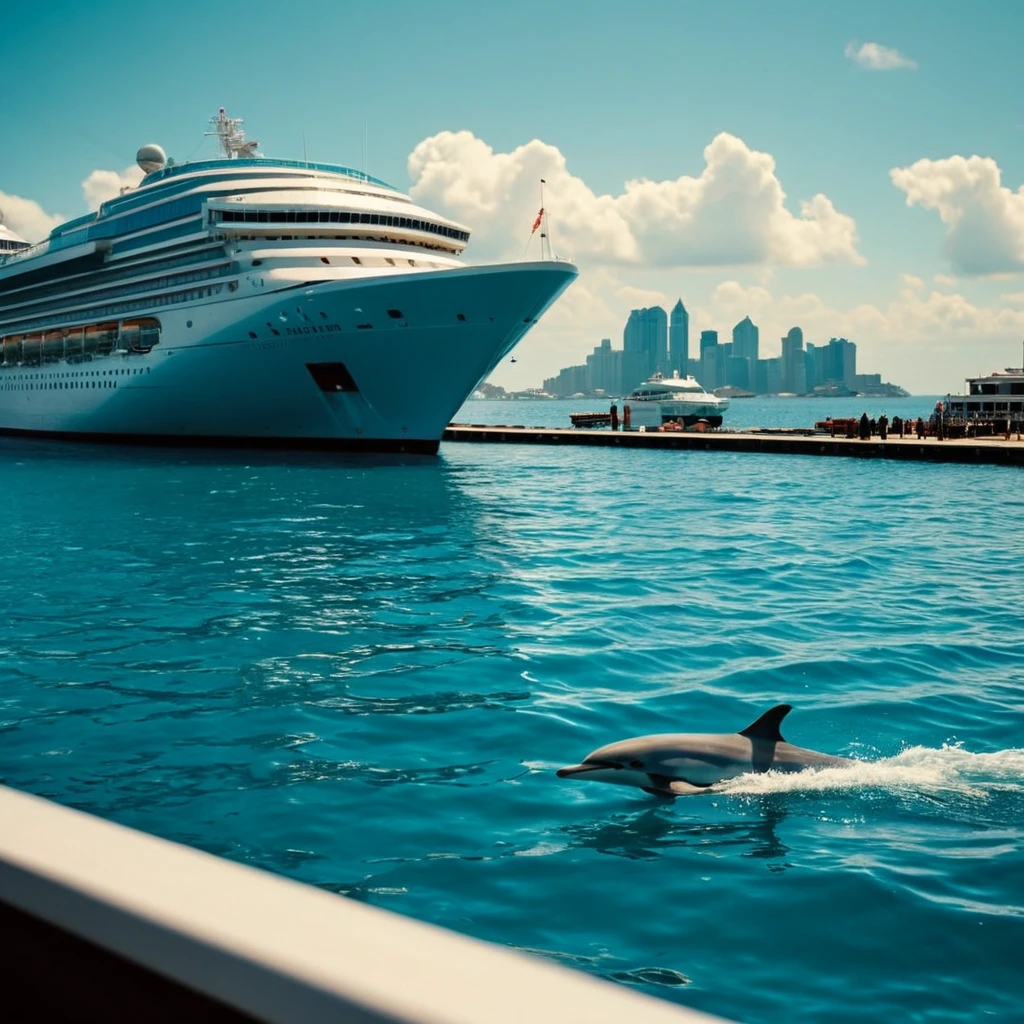 cinematic film still of <lora:Solarpunk style xl v1:0.8>
cinematic Solarpunk style, Anno 2070 a back view of a cruise ship boat with dolphins in the water near a city, sci fi style, futuristic style, perfect image, perfect body, perfect anatomy, sharp image, detailed image, high quality cinematic photography, dramatic light style, cinematic background, cinematic contrast, cinematic saturation, cinematic film color style, visual artistic composition style, sad expression, cinematic Solarpunk style, outdoors, sky, day, cloud, water, blue sky, bird, ocean, building, scenery, motor vehicle, city, aircraft, watercraft, skyscraper, ship, boat, seagull, car, vehicle focus, science fiction
, shallow depth of field, vignette, highly detailed, high budget, bokeh, cinemascope, moody, epic, gorgeous, film grain, grainy
