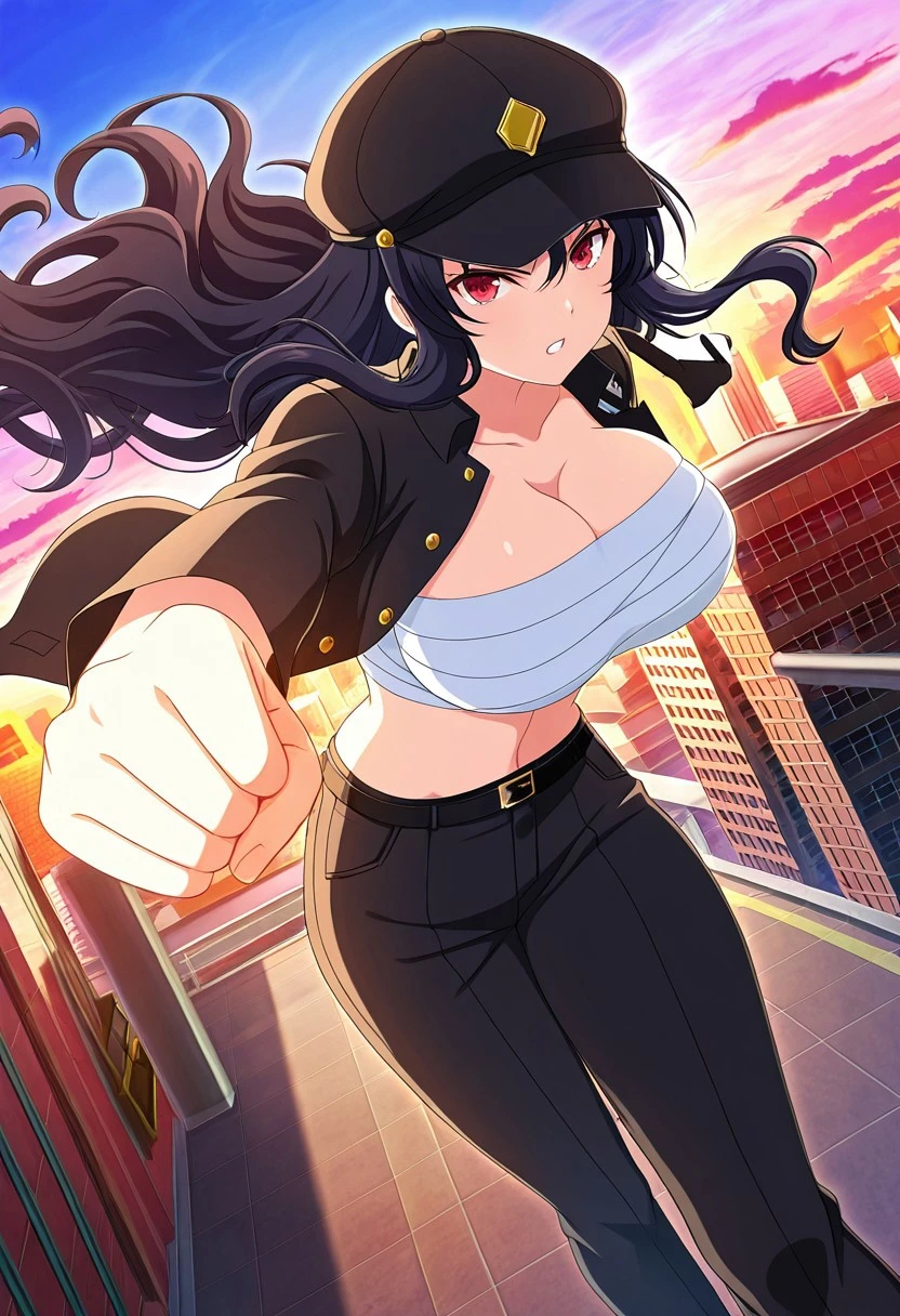 maturewoman,darkblue hair, bangs, lipstick, long hair, blush, lipstick, fur trim, mature female, gloves, fur-trimmed coat, outdoors, rooftop, cityscape, building, railing, night, night sky, scenery, city lights, blush, lipstick,  jacket, masterpiece,high quality,4k, bare shoulder,belly,crop top,outdoor,cleavage,jeans,casual
dress,street,road,smile, open mouth, (nsfw) not safe for work, holding a gun,handgun, evil expression,
exposed belly, exposed navel, exposed midriff, exposed lower belly, crop top overhang, underboob,
unbuttoned jeans , low rise black jeans, Low rise jeans, Low rise jeans with open fly, navel piercing