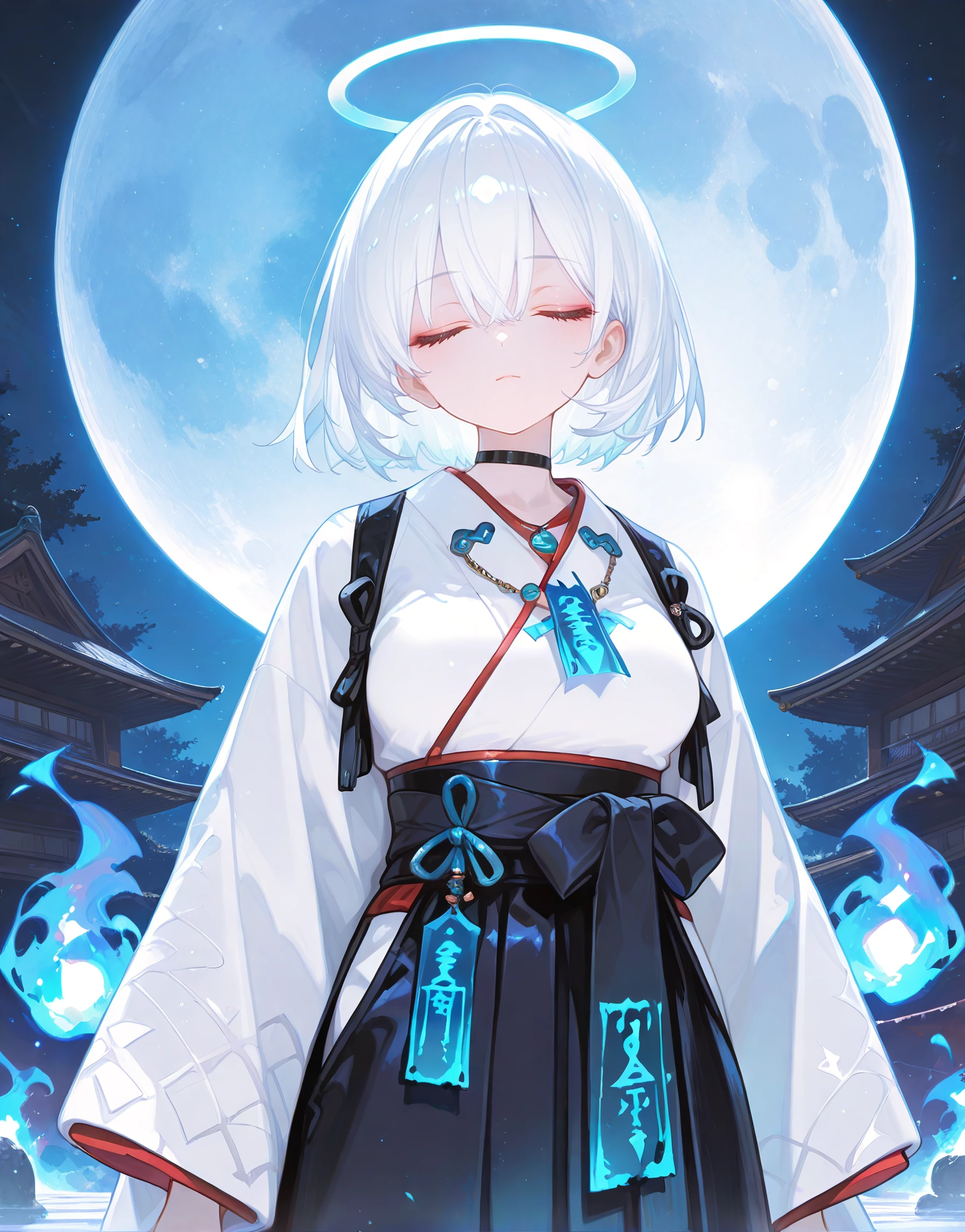 masterpiece, best quality, good quality, newest, highres, absurdres,
BREAK
detail background, very awa, absolutely eye-catching, illustration, CG,
BREAK
perfect composition, eye reflection, eyelashes,
BREAK
1girl, pretty girl, cute,
looking at viewer,
closed eyes, japanese clothes, choker, hakama, skirt, blue fire, white hair, short hair, white kimono, ofuda, closed mouth, necklace, fire, kimono, halo, jewelry, hakama skirt, hair between eyes, talisman, facing viewer, bangs, long sleeves, wide sleeves, pouch, , black choker, moon, glowing,
masterpiece, best quality, amazing quality,