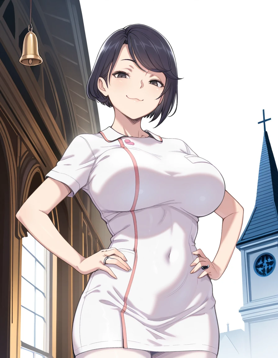 masterpiece, best quality, amazing quality,, <lora:papuka-yoko-manga-illustriousxl-lora-nochekaiser:1>, yoko, short hair, black hair, swept bangs, black eyes, mature female, breasts,, dress, short sleeves, covered navel, nurse,, smug, hands on own hip,, bell tower, bells, height, church, ring, cowboy shot, solo, looking at viewer