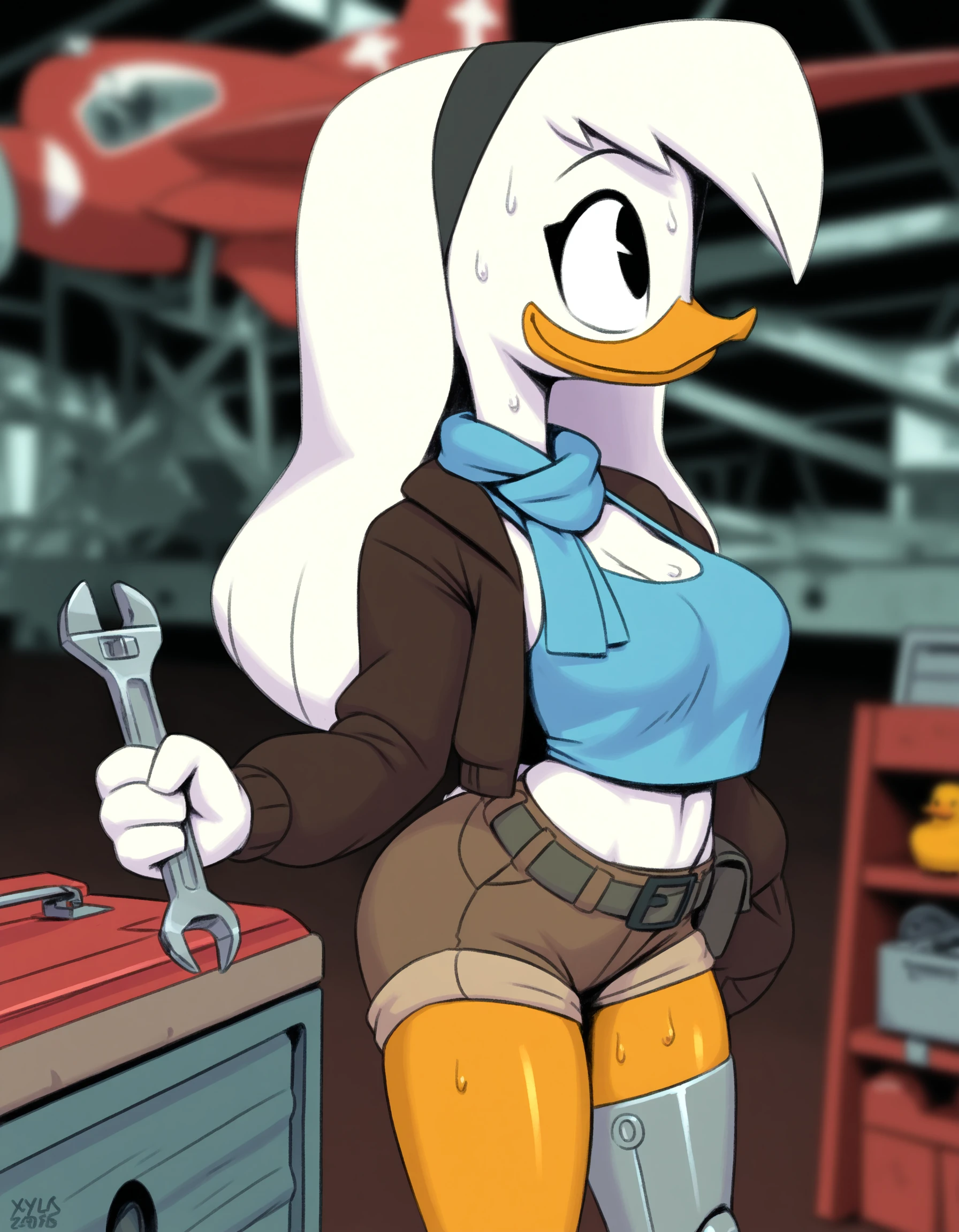 (masterpiece, shaded,indoors, hangar, red airplane, depth of field, shaded) artist:xylas, solo, della duck, female, duck, beak, white body, avian, long hair, open jacket, blue tank top, brown bomber jacket, scarf, hairband, prosthetic leg, side view, breasts, very sweaty, looking up, holding wrench, toolbox, belt pouch, black eyes, orange legs, brown shorts, <lora:Della Duck V3 NOOB:0.7>