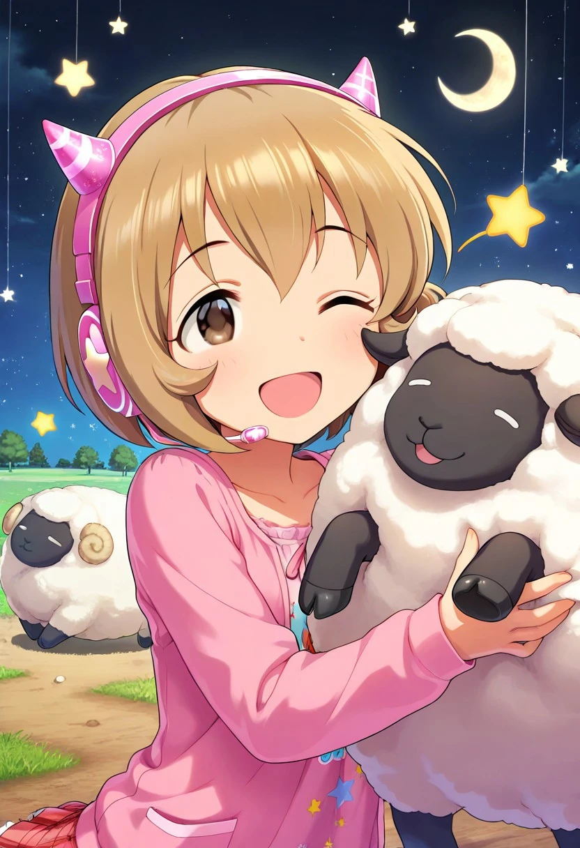 masterpiece,best quality,amazing quality, koga koharu, short hair, brown hair, brown eyes, 1girl, one eye closed, smile, horns, open mouth, sheep, solo, star (symbol), crescent moon, headset