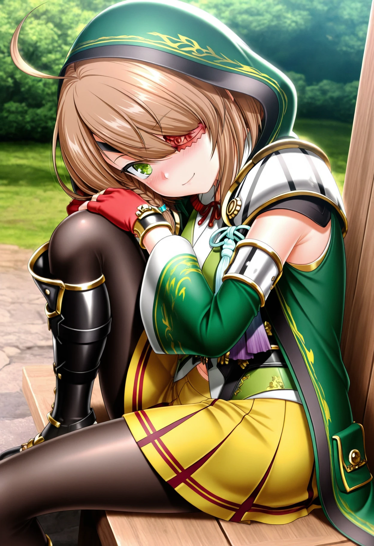 yamamoto_kansuke(sengoku_otome), green eyes, ahoge, brown hair, braid, eyepatch,
hood, armor, green detached sleeves, fingerless gloves, skirt, yellow skirt, pleated skirt, black pantyhose, boots,
<lora:yamamoto_kansuke(sengoku_otome)_Illustrious-XL_v1:1>, masterpiece,best quality,amazing quality, 1girl, solo, sitting, (dynamic_pose),
blush,closed mouth,light smile,
looking at viewer,cowboy shot,
(outdoors)