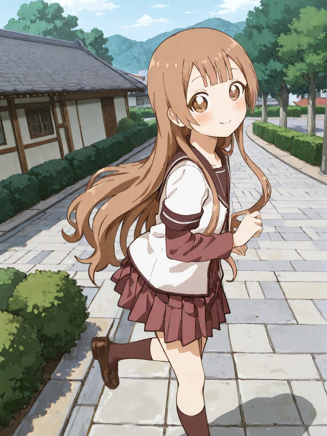 <lora:ST_Yuru_Yuri_0R:1>, yuruyuristyle, <lora:CC_Detail_Tweaker_1:1>
oomuro hanako, brown eyes, brown hair, long hair, sidelocks
nanamori school uniform, white shirt, brown sailor collar, short over long sleeves, maroon skirt, brown socks
masterpiece, best quality, amazing quality, absurdres, highres, detailed background, anime style, anime coloring
1girl, (detailed eyes:1.2), (detailed face:1.2), detailed skin
looking at viewer, blush, smile, dynamic pose
(outdoors, japan, toyama, toyama prefecture, town, school, park, bush, tree, street, stone floor, house)