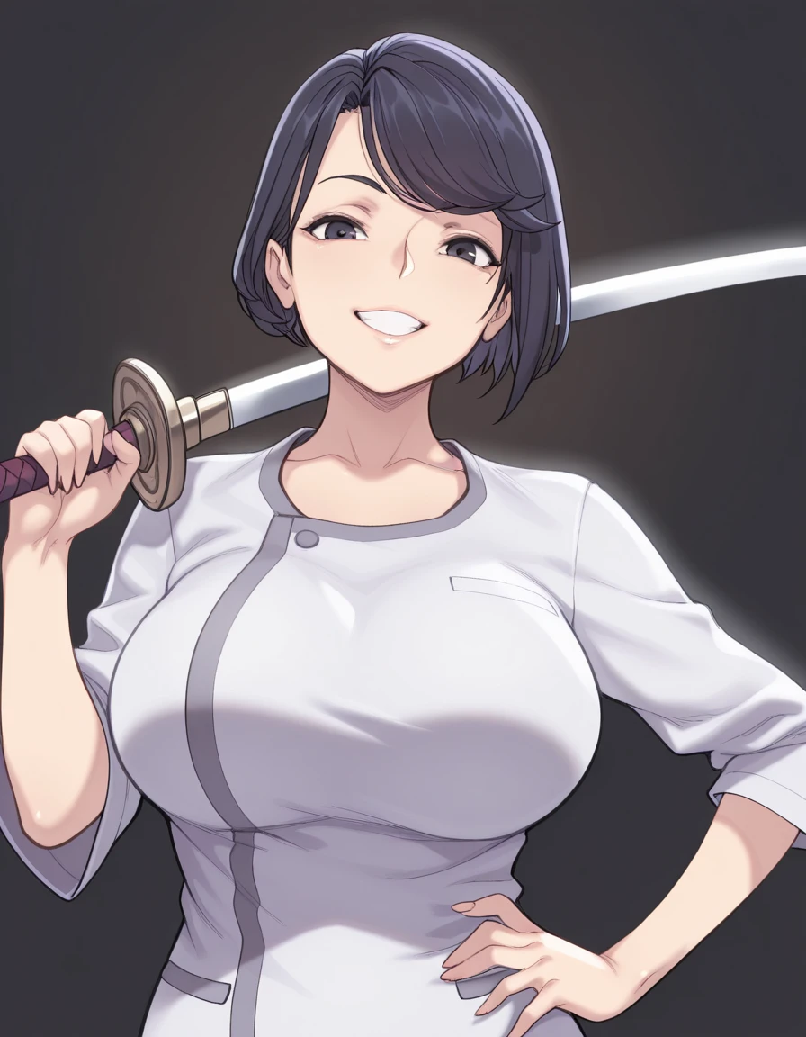 masterpiece, best quality, amazing quality,, <lora:papuka-yoko-manga-illustriousxl-lora-nochekaiser:1>, yoko, short hair, black hair, swept bangs, black eyes, mature female, breasts,, <lora:sword-over-shoulder-illustriousxl-lora-nochekaiser:1>, sword over shoulder, weapon over shoulder, holding, holding sword, holding weapon, sword, hand on own hip, grin, looking at viewer,,