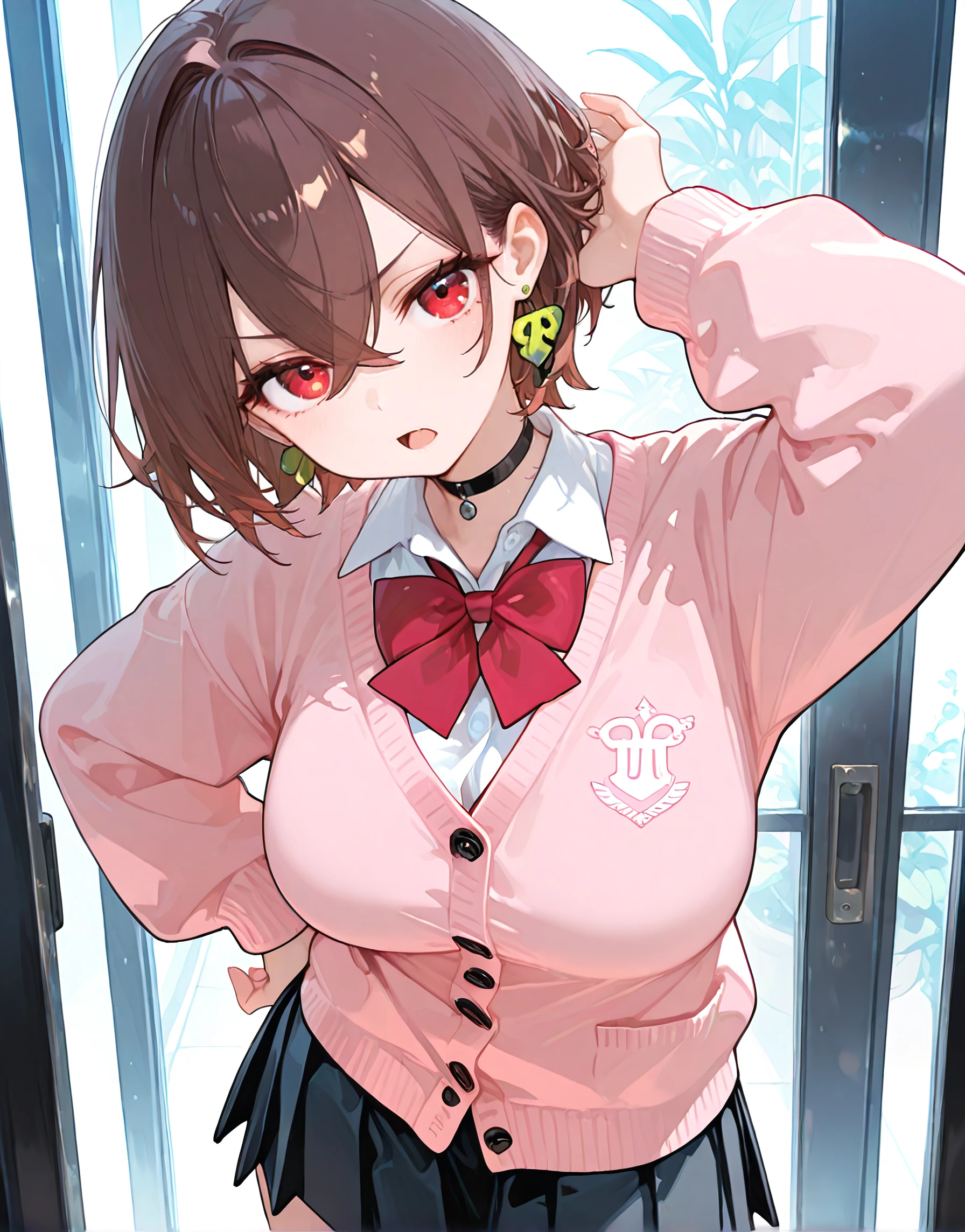 masterpiece, best quality, good quality, newest, highres, absurdres,
BREAK
detail background, very awa, absolutely eye-catching, illustration, CG,
BREAK
perfect composition, eye reflection, eyelashes,
BREAK
1girl, pretty girl, cute,
looking at viewer,
large breasts,hand on hips,cowboy shot, annoyed,open mouth,head tilt,looking at viewer, hair between eyes, crossed bangs, green earrings, school uniform, pink cardigan, brown hair, red eyes, long sleeves, black choker, short hair, white shirt, red bowtie,pleated skirt, hand in own hair,
masterpiece, best quality, amazing quality,