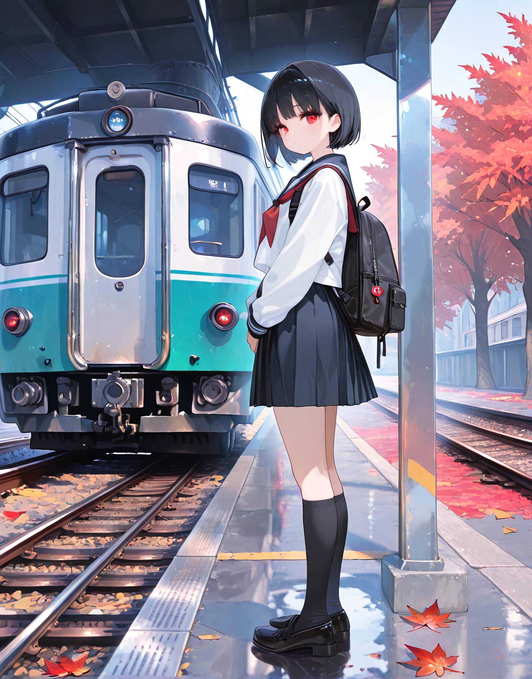 masterpiece, best quality, good quality, newest, highres, absurdres,
BREAK
detail background, very awa, absolutely eye-catching, illustration, CG,
BREAK
perfect composition, eye reflection, eyelashes,
BREAK
1girl, pretty girl, cute,
looking at viewer,
autumn leaves,socks,black hair,shoes,bag,looking at viewer,black socks,school uniform,standing,train station,railroad tracks,skirt,ground vehicle,outdoors,blurry,train,autumn,bangs,long sleeves,loafers,kneehighs,black footwear,pleated skirt,full body,serafuku,depth of field,from side,leaf,looking to the side,short hair,closed mouth,backpack,reflection,maple leaf,
masterpiece, best quality, amazing quality,