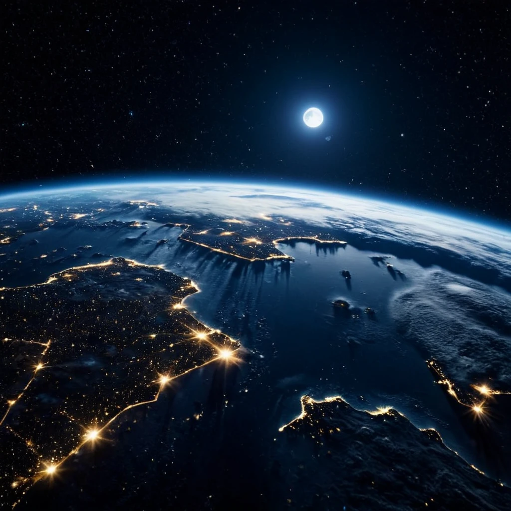 cinematic film still of <lora:Solarpunk style xl v1:0.8>
cinematic Solarpunk style, Anno 2070 a view of the earth from space at night, sci fi style, futuristic style, perfect image, perfect body, perfect anatomy, sharp image, detailed image, high quality cinematic photography, dramatic light style, cinematic background, cinematic contrast, cinematic saturation, cinematic film color style, visual artistic composition style, sad expression, cinematic Solarpunk style, sky, no humans, moon, star (sky), scenery, starry sky, space, planet, earth (planet), constellation, night, night sky, black background, dark, backlight, shallow depth of field, vignette, highly detailed, high budget, bokeh, cinemascope, moody, epic, gorgeous, film grain, grainy