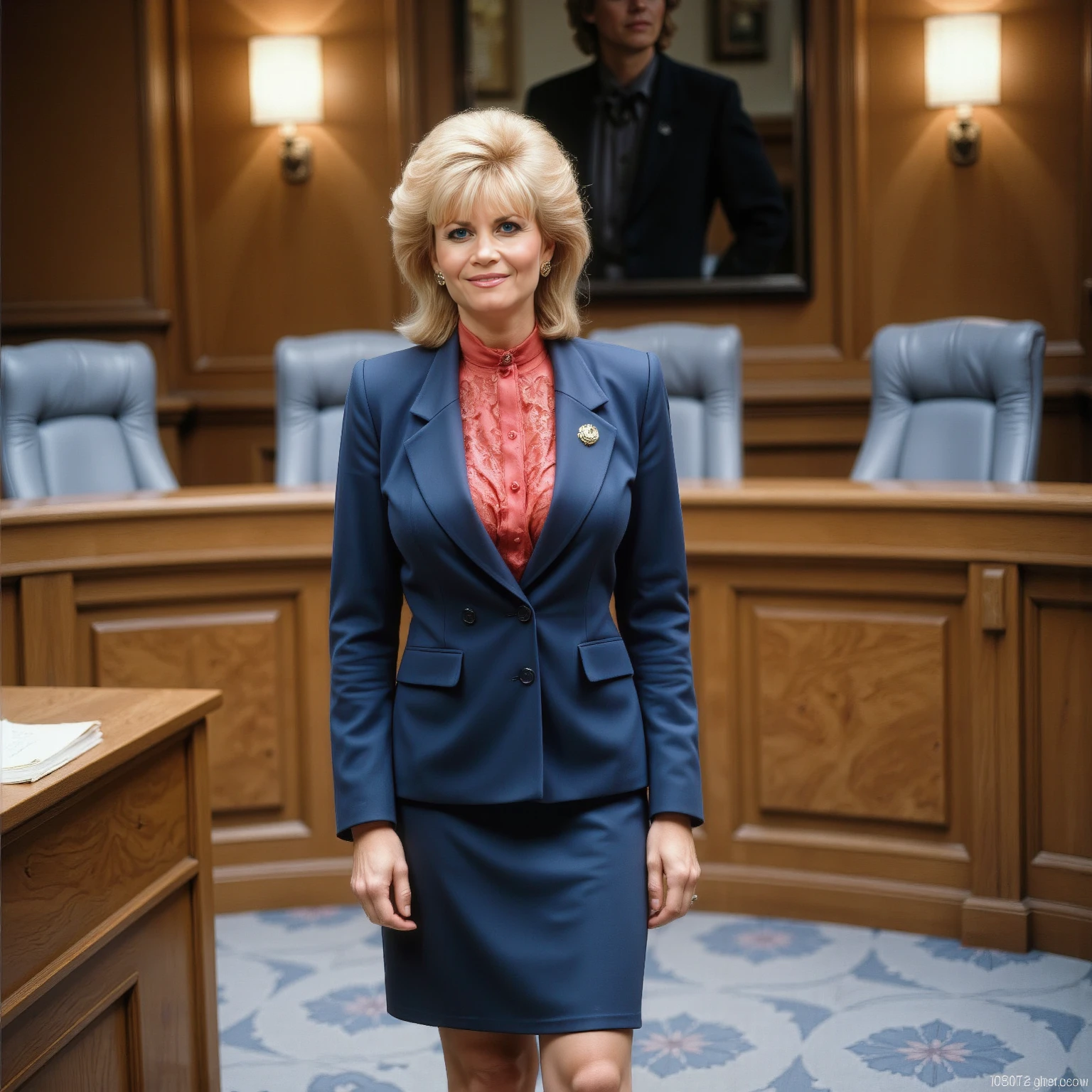 Full length shot of Markie Post in the 1980s. Her hair is styled into a layered mullet. She is wearing <lora:Christian_louboutin_So_kate-000001:0.5> in a courtroom in front of the judge. She is happy as she looks up at the viewer from under her thick eyelashes. She is wearing a dark blue Blazer over a carmine Silk Button-down Lace Blouse and a Knee-length Pencil skirt with black pantyhose. She has an <lora:hourglassv2_flux:1.6> (hourglass body shape:1.5) with <lora:breast-size2:2.75> (huge natural breasts:1.5) <lora:BreastShaper_splendid_droplets_Flux_v3.0-000009_AnyBra:0.25>. She has a (extremely small waist:1.8) with (very skinny arms:1.6), (very skinny legs:1.6) and (wide curvy hips:1.8). She is wearing earrings, a necklace and a bracelet on her thin wrist. Bright red oval fingernails.
<lora:Markie Post Flux V1:0.7> Markie Post. <lora:Pro-skin:0.75> realism. Full length shot from in front.