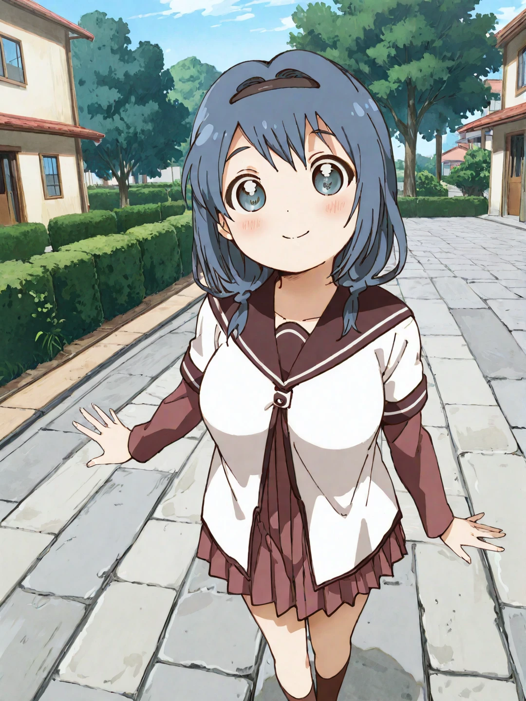 <lora:ST_Yuru_Yuri_0R:1>, yuruyuristyle, <lora:CC_Detail_Tweaker_1:1>
furutani himawari, blue eyes, blue hair, long hair, sidelocks, medium breasts
nanamori school uniform, white shirt, brown sailor collar, short over long sleeves, maroon skirt, brown socks
masterpiece, best quality, amazing quality, absurdres, highres, detailed background, anime style, anime coloring
1girl, (detailed eyes:1.2), (detailed face:1.2), detailed skin
looking at viewer, blush, smile, dynamic pose
(outdoors, japan, toyama, toyama prefecture, town, school, park, bush, tree, street, stone floor, house)
