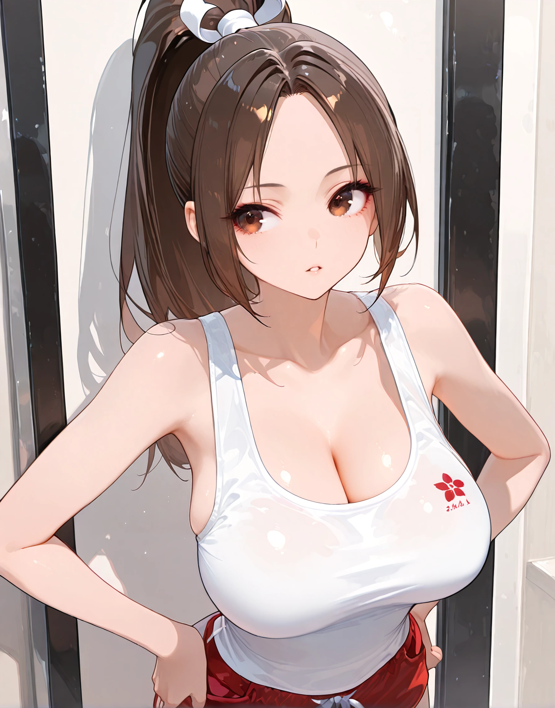 masterpiece, best quality, good quality, newest, highres, absurdres,
BREAK
detail background, very awa, absolutely eye-catching, illustration, CG,
BREAK
perfect composition, eye reflection, eyelashes,
BREAK
1girl, pretty girl, cute,
looking at viewer,
shiranui mai, alternate costume, arms, shoulders, , brown eyes, brown hair, cleavage, collarbone, hands on own , , long hair, looking to the side, parted bangs, parted lips, ponytail, red shorts, shorts, solo, tank top, upper body, white tank top
masterpiece, best quality, amazing quality,