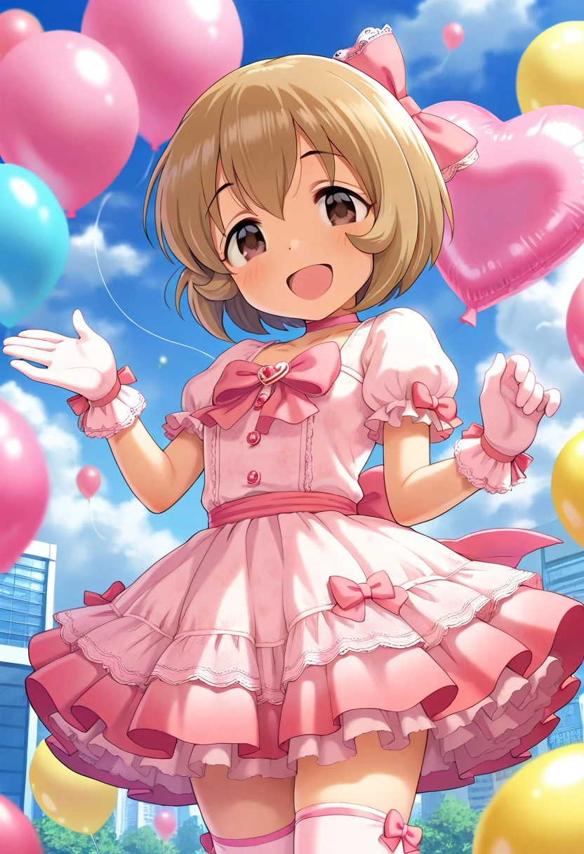 masterpiece,best quality,amazing quality, koga koharu, short hair, brown hair, brown eyes, 1girl, solo, balloon, gloves, smile, bow, open mouth, hair bow, thighhighs, dress