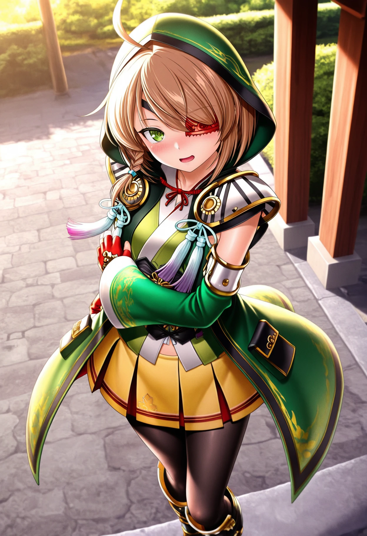 yamamoto_kansuke(sengoku_otome), green eyes, ahoge, brown hair, braid, eyepatch,
hood, armor, green detached sleeves, fingerless gloves, skirt, yellow skirt, pleated skirt, black pantyhose, boots,
<lora:yamamoto_kansuke(sengoku_otome)_Illustrious-XL_v1:1>, masterpiece,best quality,amazing quality, 1girl, solo, standing, (dynamic pose) , blush,
looking at viewer,cowboy shot,open mouth,light smile,
(outdoors)