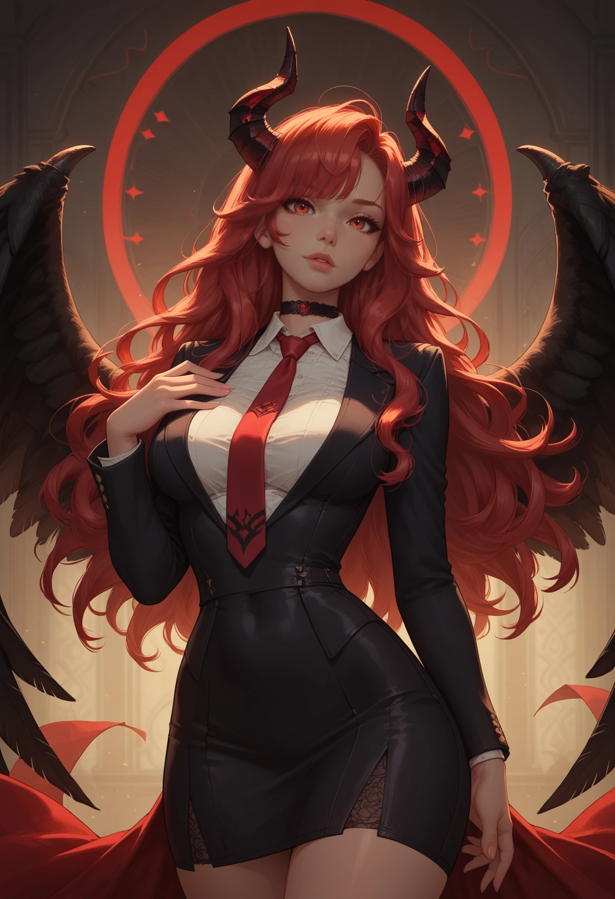 PonyScores7, masterpiece, best quality, 1girl, adult female, horns, wide hips, black wings, red eyes, collared shirt, high waisted skirt, black blazer, tie, solo, cowboy shot, long flowing hair, bangs, red hair, breasts, choker, detailed background, volumetric lighting, soft tilt, dutch angle, perfect hands