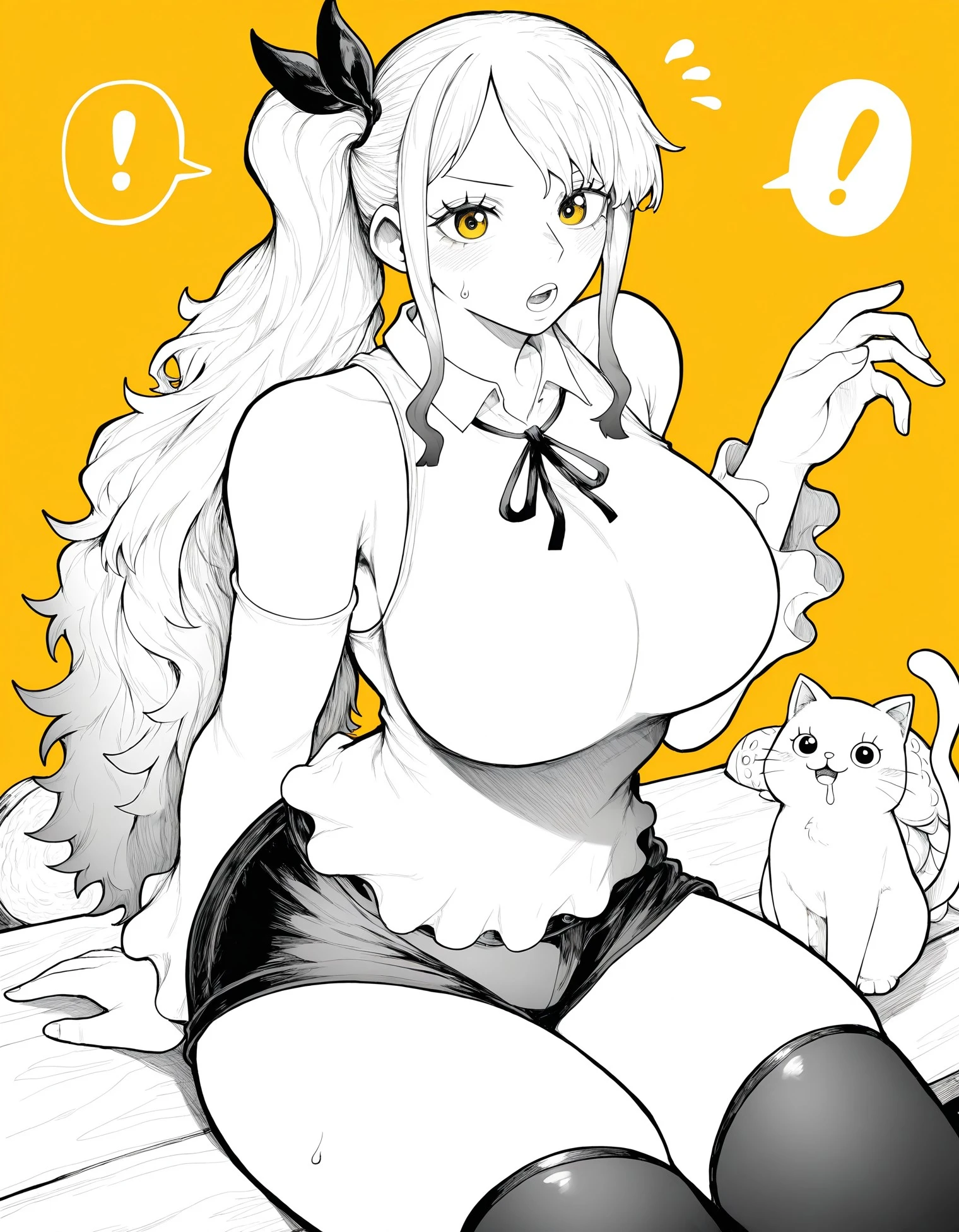 (8K, Best Quality, Ultra Detailliert, Highres, Absurdres, Perfect Anatomy:1.5, Masterpiece:1.5), (((1 Cute Girl))), (((perrine h. clostermann, perrine clostermann))), (((Yellow Eyes))), (((Black Glasses))), (((Long Long Hair:1.4, Bangs, Blust Bangs, Blonde Hair))), (((Black Cat Ears, Black Cat Tail))), (Slender Body, Dwarf:0.7), (((Small Breasts:1.0))), ((Big Hips:1.1)), (Smile:0.8), (Blush:1.1), (Grin:0.8), ((Heart)), (Big Ribbon Choker), (((Gold Bikini))), Floral Print, (Gold Bracelet, Gold Ring), (Kneeling Pose), (Booty Pose), Head Tilt, Dutch Angle, ((Posed Photo)), ((Wide-Angle Photo)), (Simple BackGround, Simple Colour BackGround, Warm Colour BackGround)