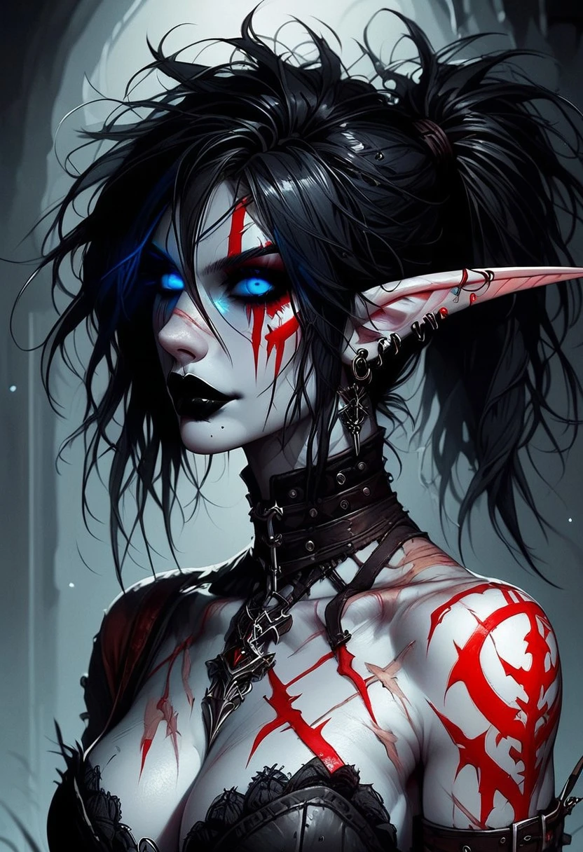 score_9, score_8_up, score_7_up, score_6_up, source_anime, Expressiveh, undead, deathknight, masterpiece, best quality, highly detailed, mxstnrv3,
1girl, night elf, goth, tall girl, athletic, (pale grey skin, red warpaint, red bodytattoo, red facetattoo), pointy ears, long ears, (blue eyes, glowing eyes, blue sclera), (black hair, messy hair, short ponytail, bangs), scars, black lipstick,
portrait, seductive smile,