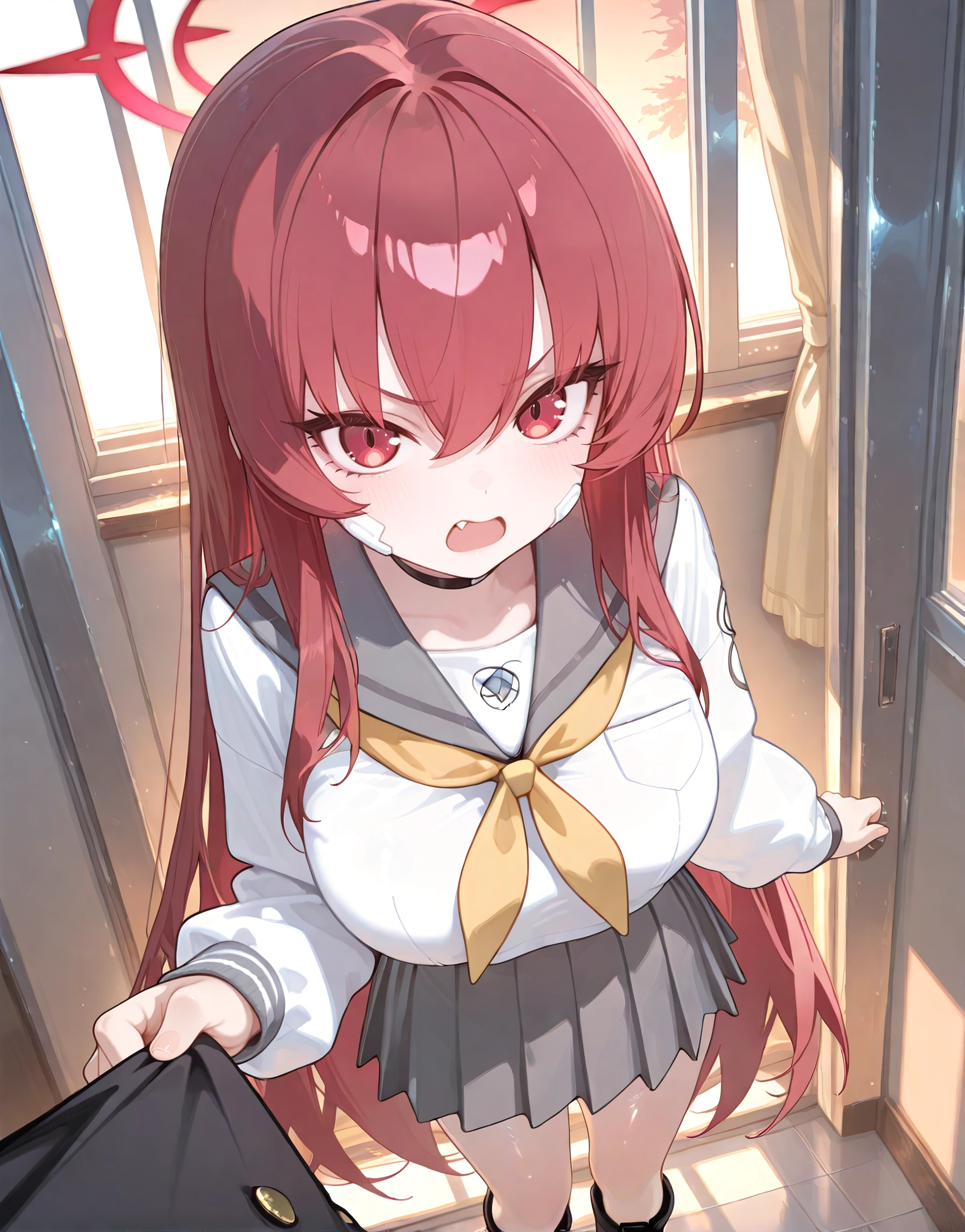 masterpiece, best quality, good quality, newest, highres, absurdres,
BREAK
detail background, very awa, absolutely eye-catching, illustration, CG,
BREAK
perfect composition, eye reflection, eyelashes, 
BREAK
1girl, pretty girl, cute,
looking at viewer,
 rabu \(blue archive\) ,blue archive,red eyes, hair between eyes, very long hair, red hair,halo, fang, choker,bandaid, grey skirt, medium skirt, pleated skirt, black footwear,boots, yellow neckerchief, white school uniform,serafuku,school uniform curtains, gray sailor collar, long sleeves, shiny skin, , gakuran, pov,from above,angry,standing,clothes grab, solo focus, school,hallway,window,evening, 
masterpiece, best quality, amazing quality,