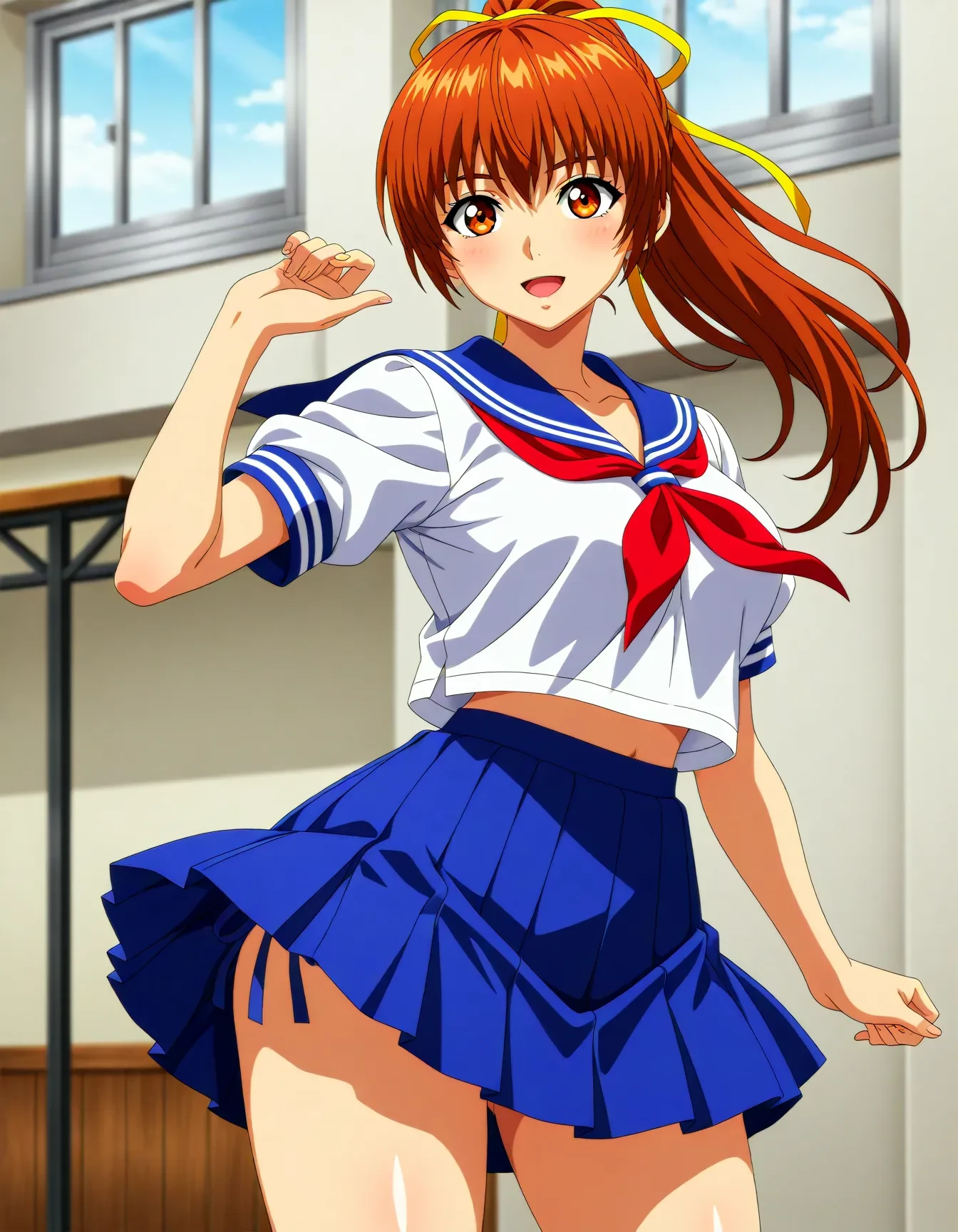 <lora:dmd2_sdxl_4step:1>,official style,masterpiece,best quality,newest,very aesthetic,highly detailed,high resolution,absurdres,highres,depth of field,super detailed skin,very awa,Anime,anime coloring,anime screencap,<lora:kasumi_V1:0.8>,kasumi \(doa\),smile,open mouth,school_uniform,pleated_skirt,