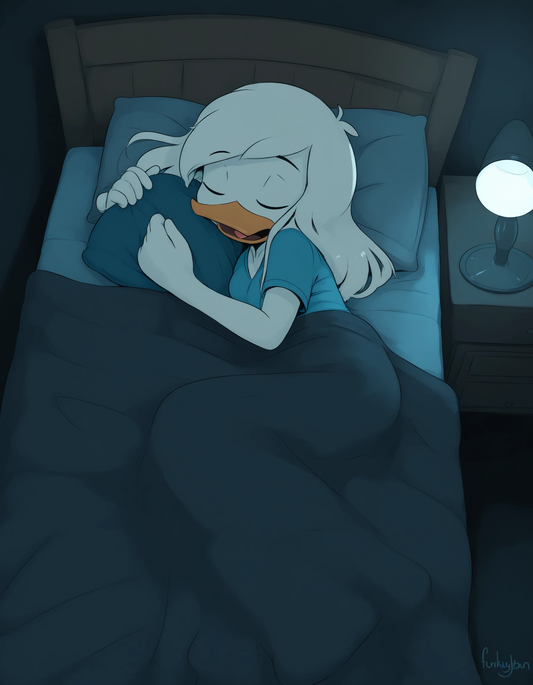(masterpiece, shaded, detailed background, black background, indoors, bed, nightstand, dark theme, darkness, shaded) artist:funkybun, solo, female, della duck, beak, duck, white skin, white body, white hair, on side, from above, lamp, long hair, open frown, sleeping, pillow hug, snoring, open mouth, tongue, eyes closed, breasts, v-neck, under covers, pillow, blanket, <lora:Della Duck V3 NOOB:0.6>