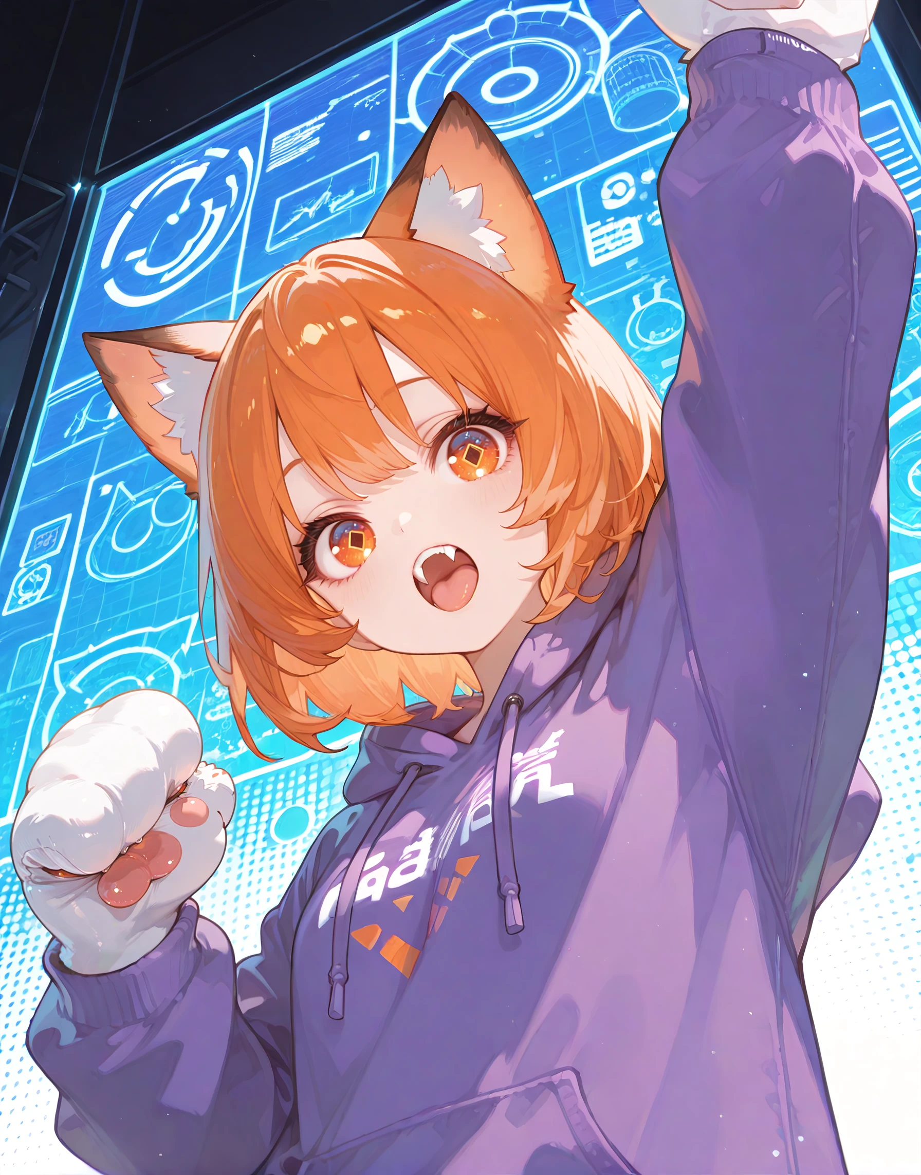 masterpiece, best quality, good quality, newest, highres, absurdres,
BREAK
detail background, very awa, absolutely eye-catching, illustration, CG,
BREAK
perfect composition, eye reflection, eyelashes,
BREAK
1girl, pretty girl, cute,
looking at viewer,
wearing a purple hoodie, (orange hari),cat girl, solo, fist up, fangs, tongue, paw gloves, (from below), abstract background, pathtracing, layered photon mapping, bright colours
masterpiece, best quality, amazing quality,