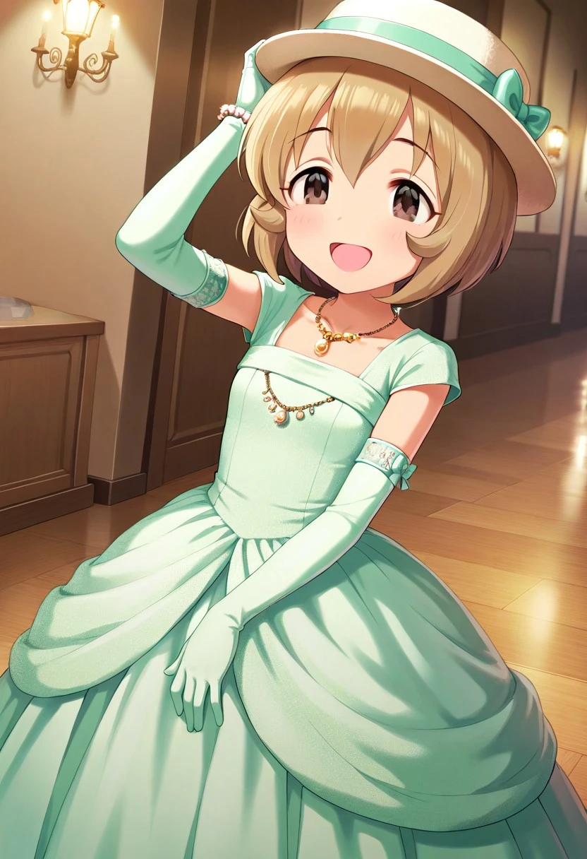 masterpiece,best quality,amazing quality, koga koharu, short hair, brown hair, brown eyes, 1girl, solo, gloves, hat, open mouth, jewelry, elbow gloves, smile, dress, necklace