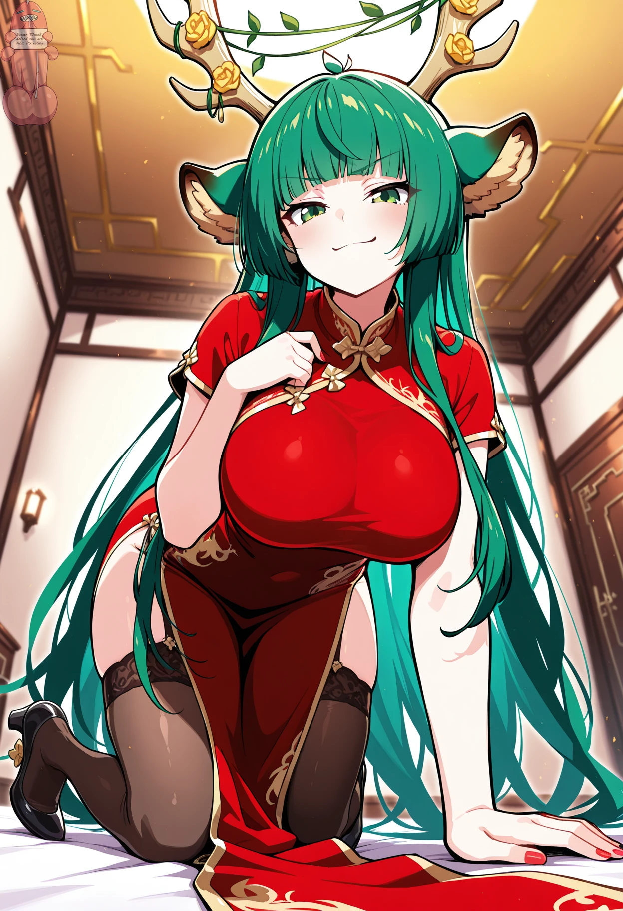 (nsfw、Best Quality、masutepiece)、1 Women、plump body、Erotic、Tentacle Sex、 (Many alien tentacles:1.2)、MuCoi、Tentacles are entangled all over the body、((Red Long Cheongsam:1.5))、Colossal breasts、wide hips、shinny skin、Double bun、Green eyes、Green hair、short-hair、 Troubled face、embarrassed from、blushing、Torn red cheongsam、((White underwear:1))