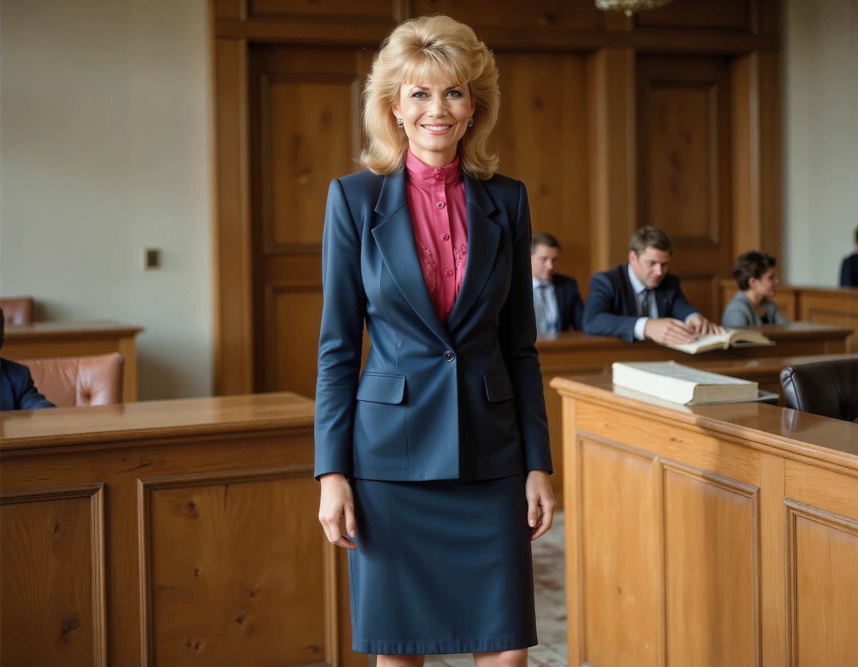 Tabletop, highest quality, Photorealistic, Super detailed, In detail, High resolution, 8k wallpaper, Professional, High level of detail, (Full body photo of a blonde woman), (Attractive 50 year old female teacher), Classy and stylish bob haircuts, Wearing a blue tight suit、The skirt is a pencil skirt、elegant, Gorgeous, Toned body, Hourglass-shaped body shape, (Full body with face and eyes visible), (High heels), Look at the viewers, Perfect hands, Perfect Fingers