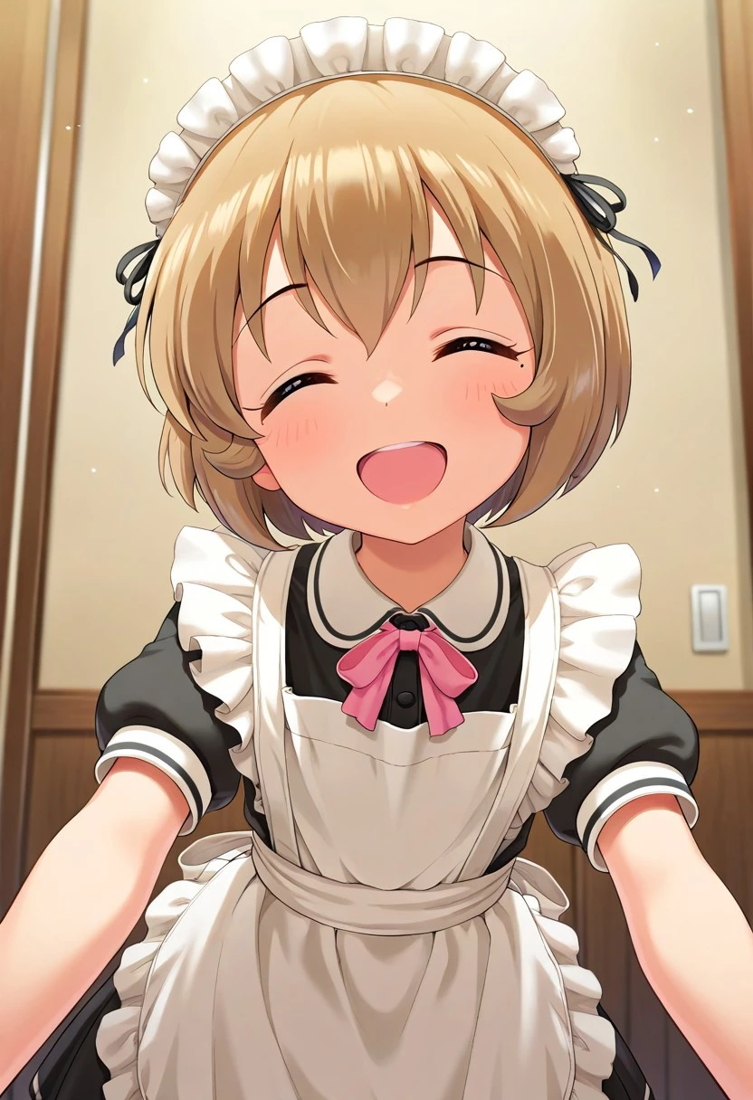 masterpiece,best quality,amazing quality, koga koharu, short hair, brown hair, 1girl, closed eyes, solo, smile, maid headdress, facing viewer, open mouth, apron, short sleeves