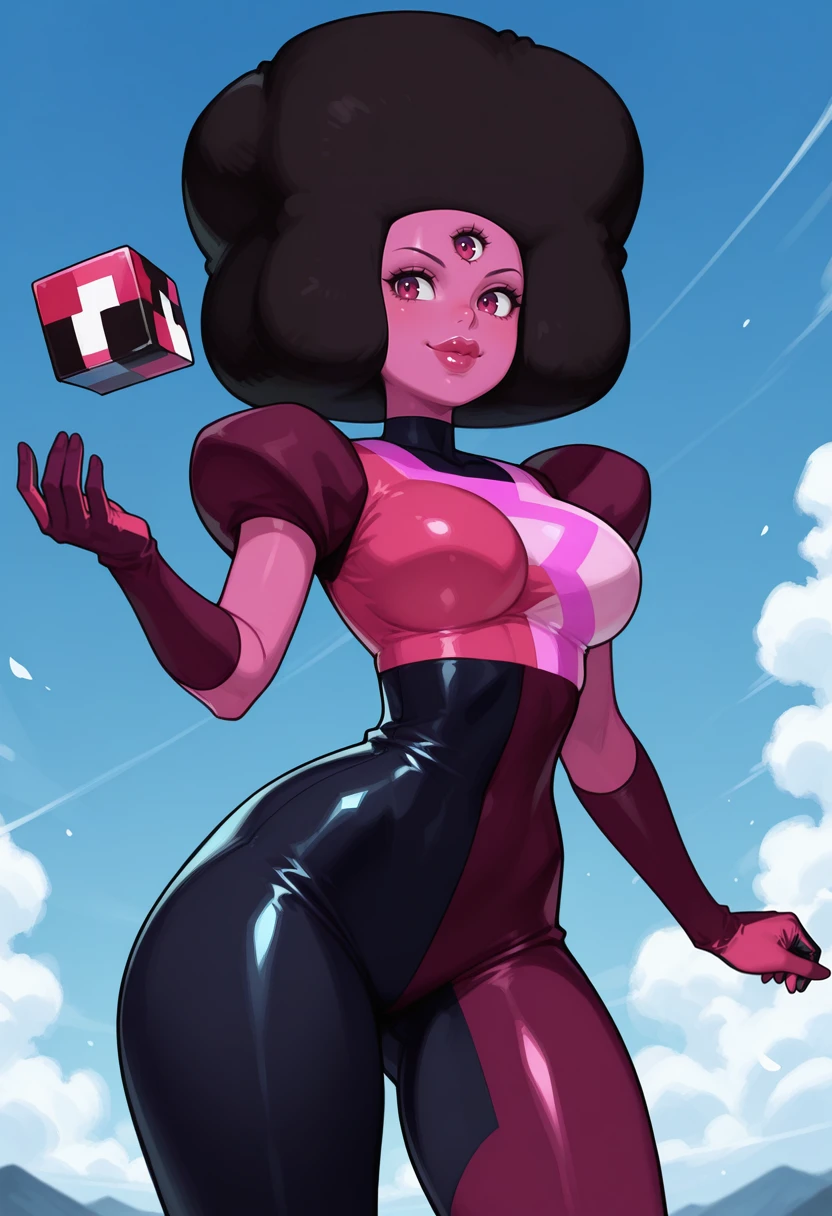 grenade, block hair, afro, Retro Tones, serious, Broad Hips, へそ , standing, trunk, arms behind the back, black and pink bodysuit with star, neckleace, へそ, camel toe, pose, beachfront, natta, stele, coveredNipples, (incredibily detailed, beautifull detailed face, work of art, best qualityer)