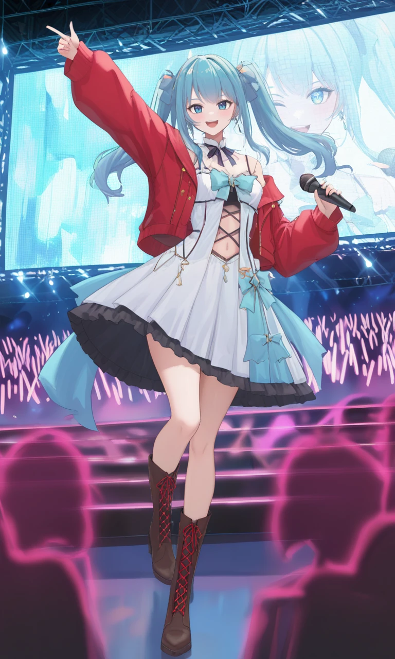 ((masterpiece, best quality, absurdres, highres, newest, very aesthetic, extremely detailed, very awa, year 2024, detailed background, perfect anatomy, surreal)),year 2023,<lora:lora-SEPTYA>,<lora:illustrious_noobai_epsilon_pred_1_masterpieces_v1:0.4>,<lora:UnifiedTheory:0.5>,<lora:Lirusso_Vtuber_1622999:0.8>,liruv1,(24 yo:0.8),24 year old girl,1girl,long hair,bangs,clothing cutout,bare shoulders,navel,twintails,virtual youtuber,blue eyes,frills,earrings,dress,blue bow,white dress,looking at viewer,blue bow,
masterpiece,best quality,8k resolution,anime idol girl,vibrant stage performance,colorful idol outfit with rainbow frilled skirt,red jacket with gold buttons,red lace-up boots,holding microphone,energetic pose,big smile,large LED screen background with her face,glowing lights,cheering crowd,futuristic concert stage,neon signs,high detail,vivid colors,4K,masterpiece,dynamic lighting,anime artstyle,