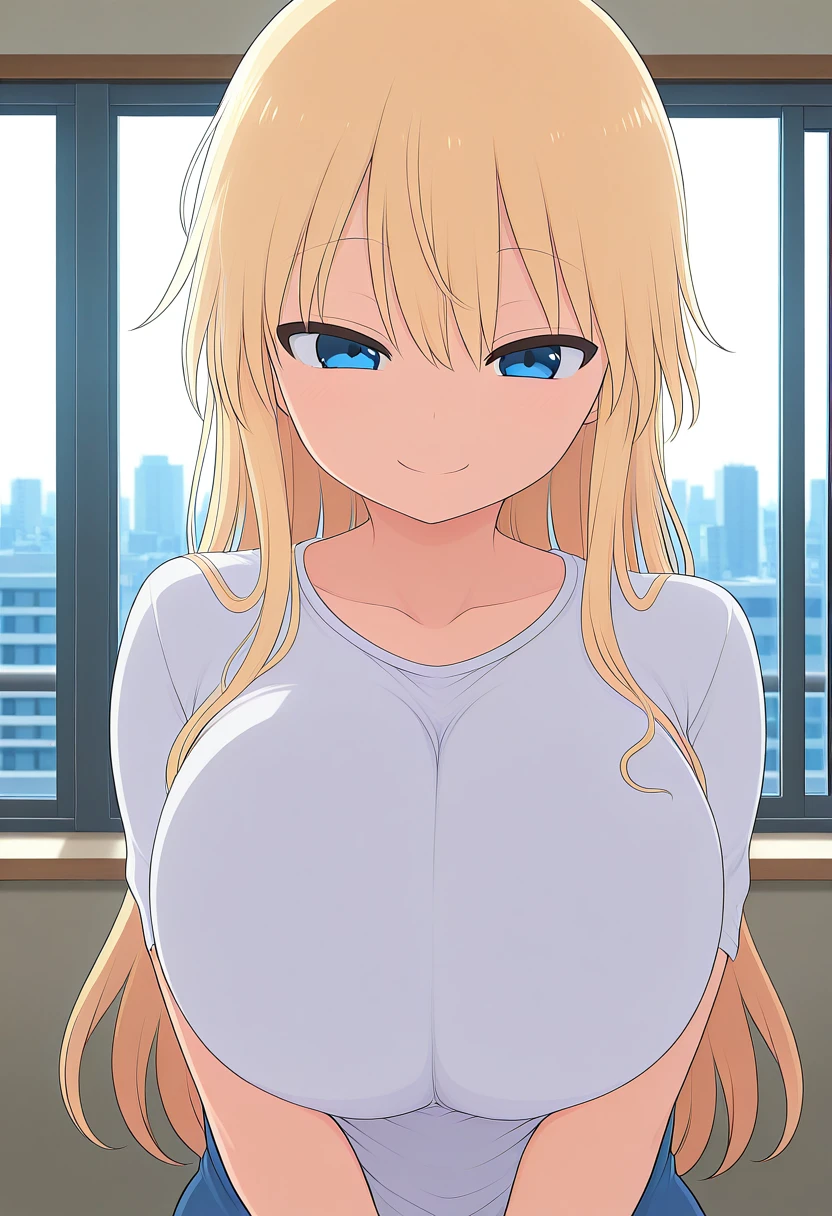 1girl, solo, v arms, upper body, looking at viewer, closed mouth smile, apartment interior, window, city, tokyo, intricate details, dramatic lighting, masterpiece, best quality, absurdres
