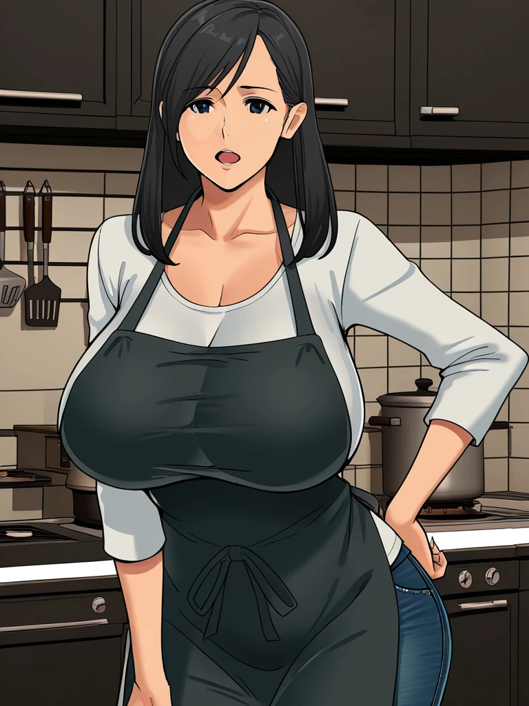standing, solo, 1girl, mature female, naked apron, coffee apron, sideboob, large breasts, areola slip, cleavage, leaning forward, hanging breasts, curvy, hands on table, arms down, looking at viewer, blush, parted lips, light smile, long black hair, black colour hair,