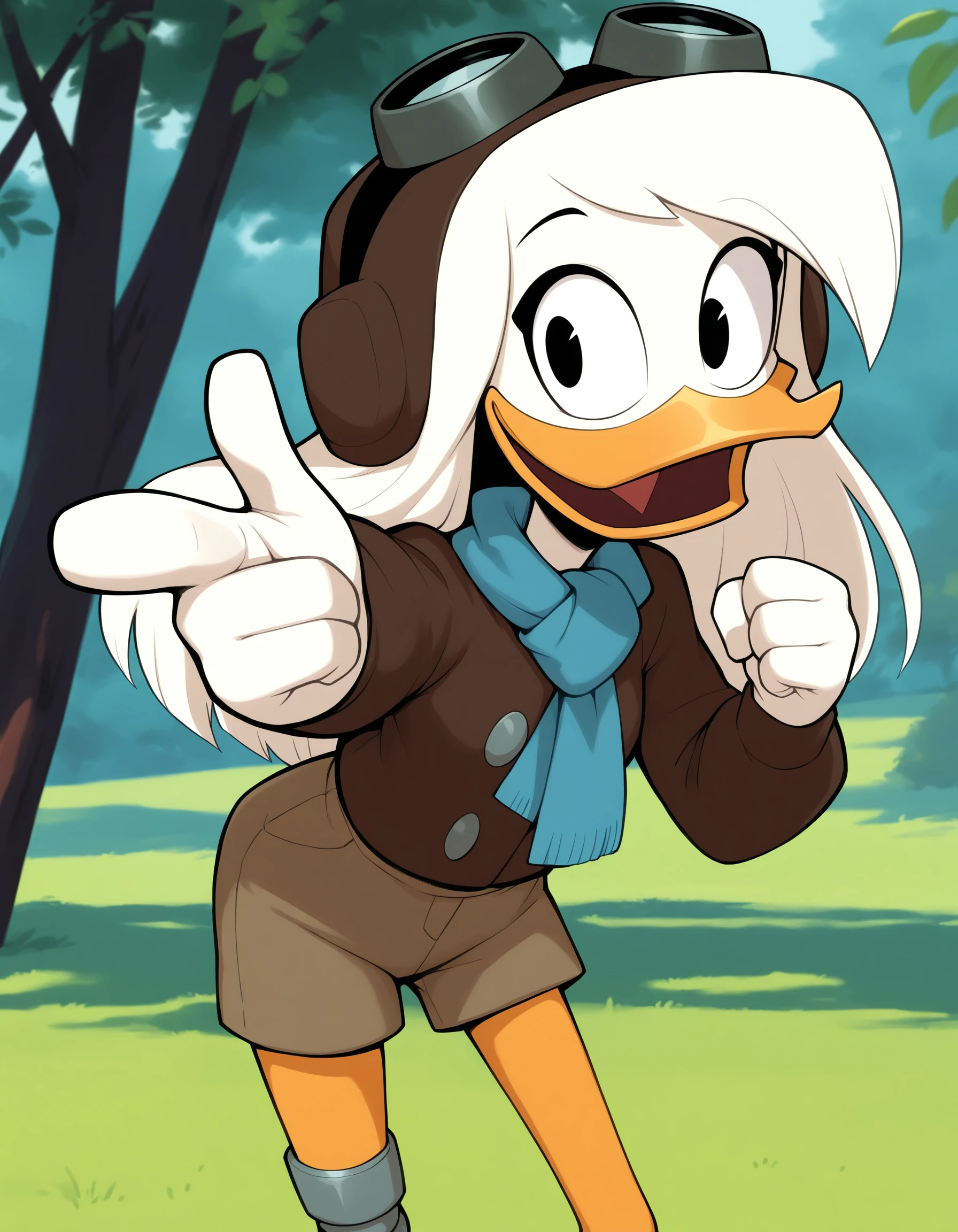 (masterpiece, shaded, outdoors, grass, tree, depth of field, shaded) solo, della duck, female, duck, beak, white body, avian, long hair, brown bomber jacket, scarf, flight helmet, short, finger gun, pointing at viewer, button \(fastener\), 4 fingers, prosthetic leg, action pose, open smile, happy, black eyes, headwear, orange legs, three-quarter portrait, goggles on head, shorts, bottomwear, <lora:Della Duck V3 NOOB:1>