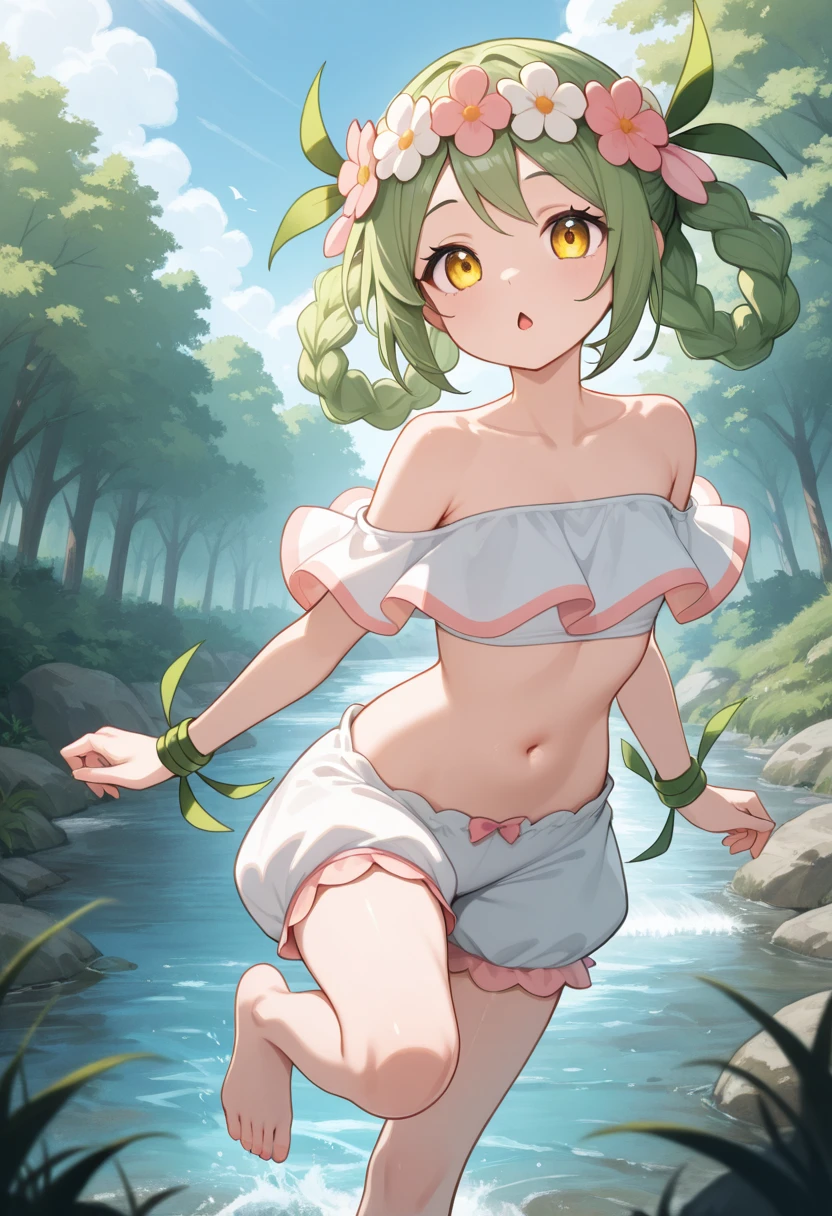 Female , indigenous, light ebony skin, wearing a skimpy micro skirt made of leafes, leafs cover her nipple, she has marks around her private parts indicating she is a breeder and ready to breed