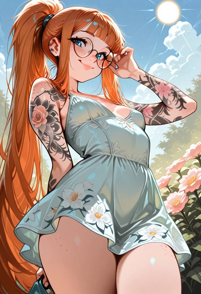 ((best quality)), ((highly detailed)), masterpiece, absurdres, extremely detailed face, beautiful face, (detailed eyes, deep eyes), (1girl), (glasses), from below, worm's-eye view, pantyshot, sexy position, <lora:naked_overalls_v1:.7>, (naked overalls), denim, sleeveless, collarbone, cleavage, pants, <lora:aiomonstergirls_loraLocon:.9>, <lora:animeSlime_v10:.2>, slimegirl, melting, wet slimy skin, <lora:ColoredSkin:.3>, (colored skin), ((grey skin, colorful colored slime_(substance))), dark green hair, french braid, streaked hair, crimson hair, ahoge, see-through body, navel, tentacles, medium breasts, big hips, (outside, at a pond, partially submerged, morning)